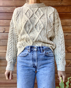 Vintage Handknit Oatmeal Aran Cable Fisherman Sweater M