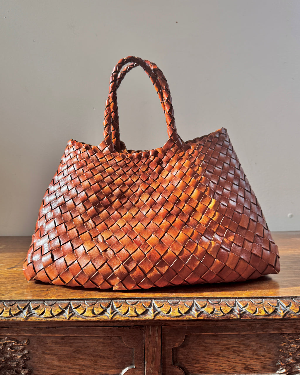 Dragon Diffusion Santa Croce Tan Leather Basket Weave Small Tote Bag