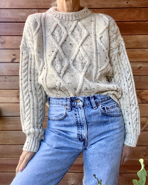 Vintage Handknit Oatmeal Aran Cable Fisherman Sweater M