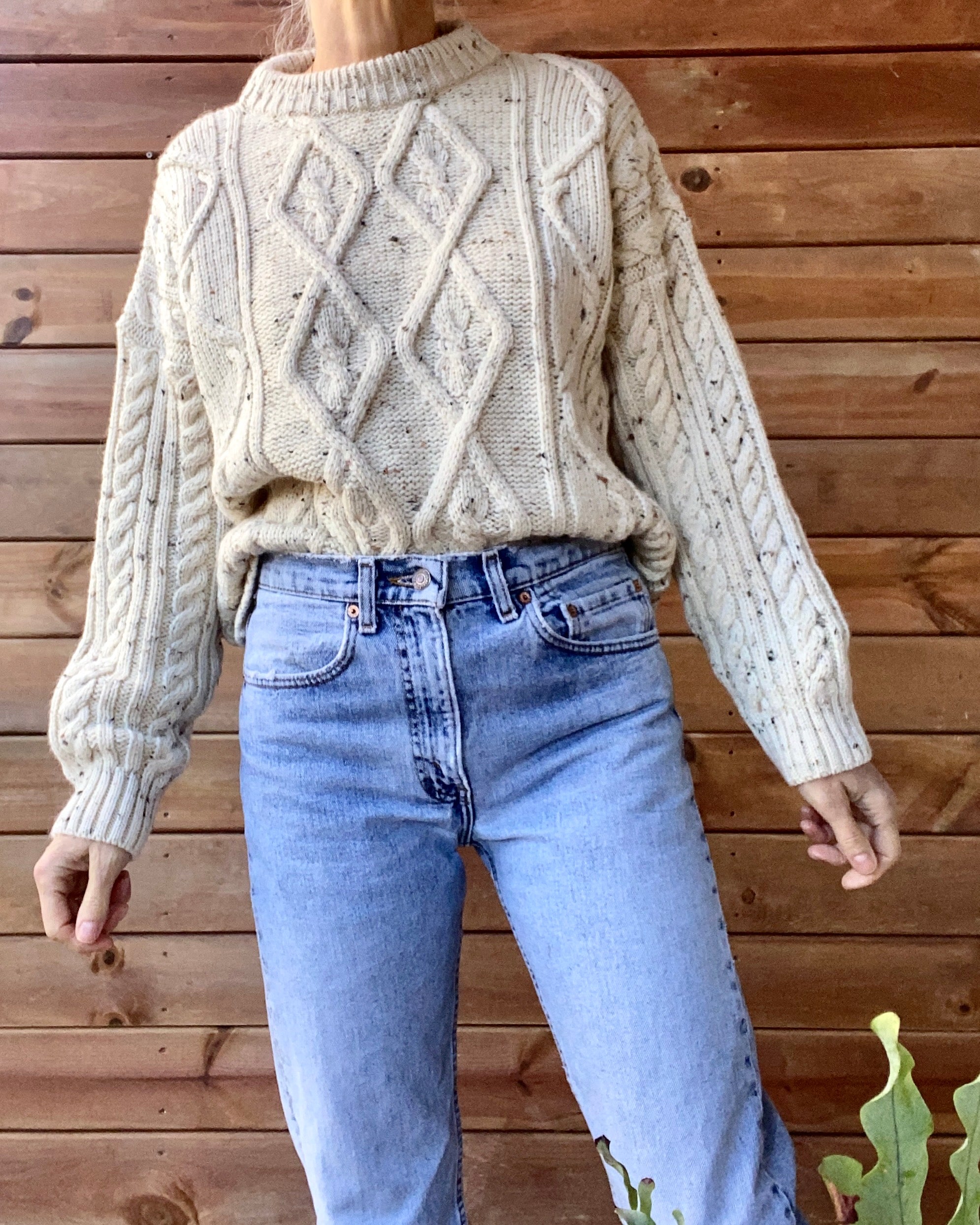 Vintage Handknit Oatmeal Aran Cable Fisherman Sweater M