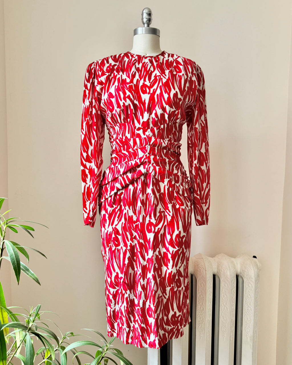 VINTAGE 1980s ADRIANNA PAPELL Silk Red and White Leaf Print Dress with Gathered Waist and Back Draped Opening
