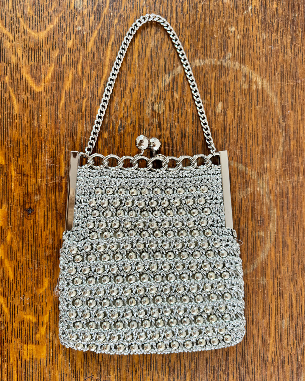 Vintage 1960s Silver Crochet Bobble Chain Evening Mod Purse Handle Bag