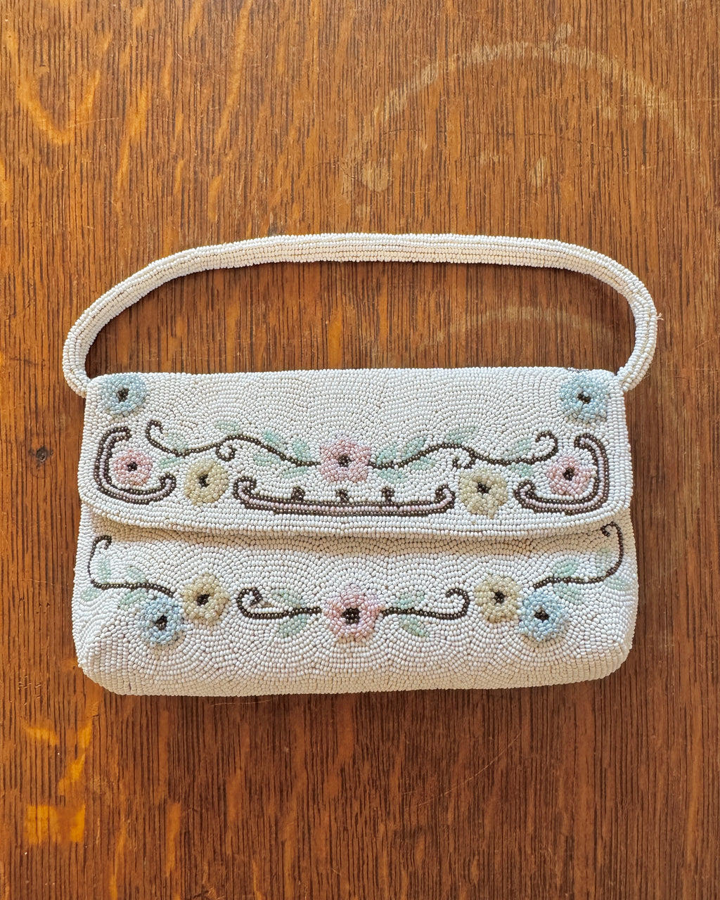 Vintage 1950s Rocaille Seed Hand Beaded Floral Ivory Purse with Pastel Floral Design Made in France