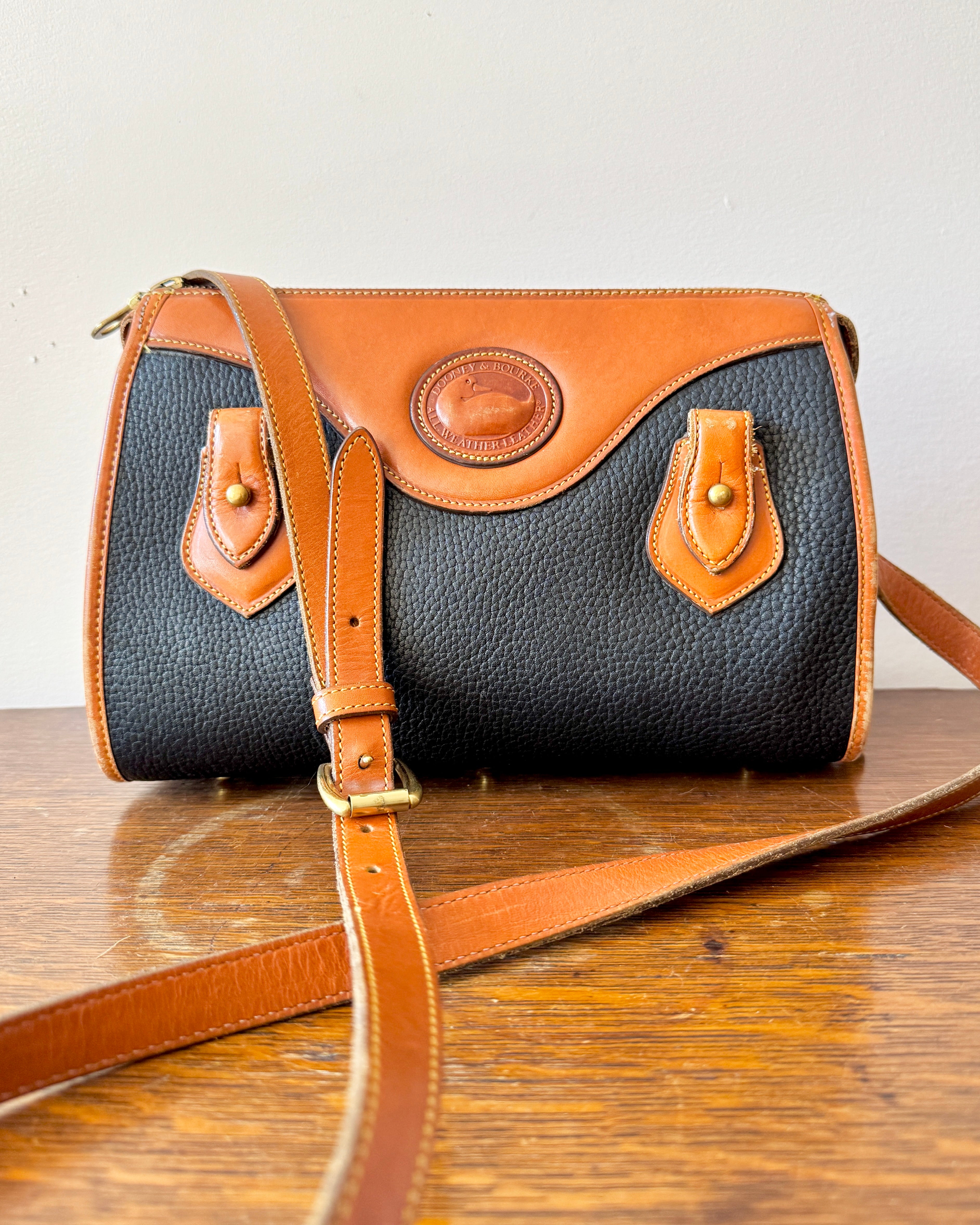 Vintage Authentic Dooney & Bourke Classic All Weather Leather Satchel Purse Shoulder or Cross Body Bag in Black and Tan Made in USA