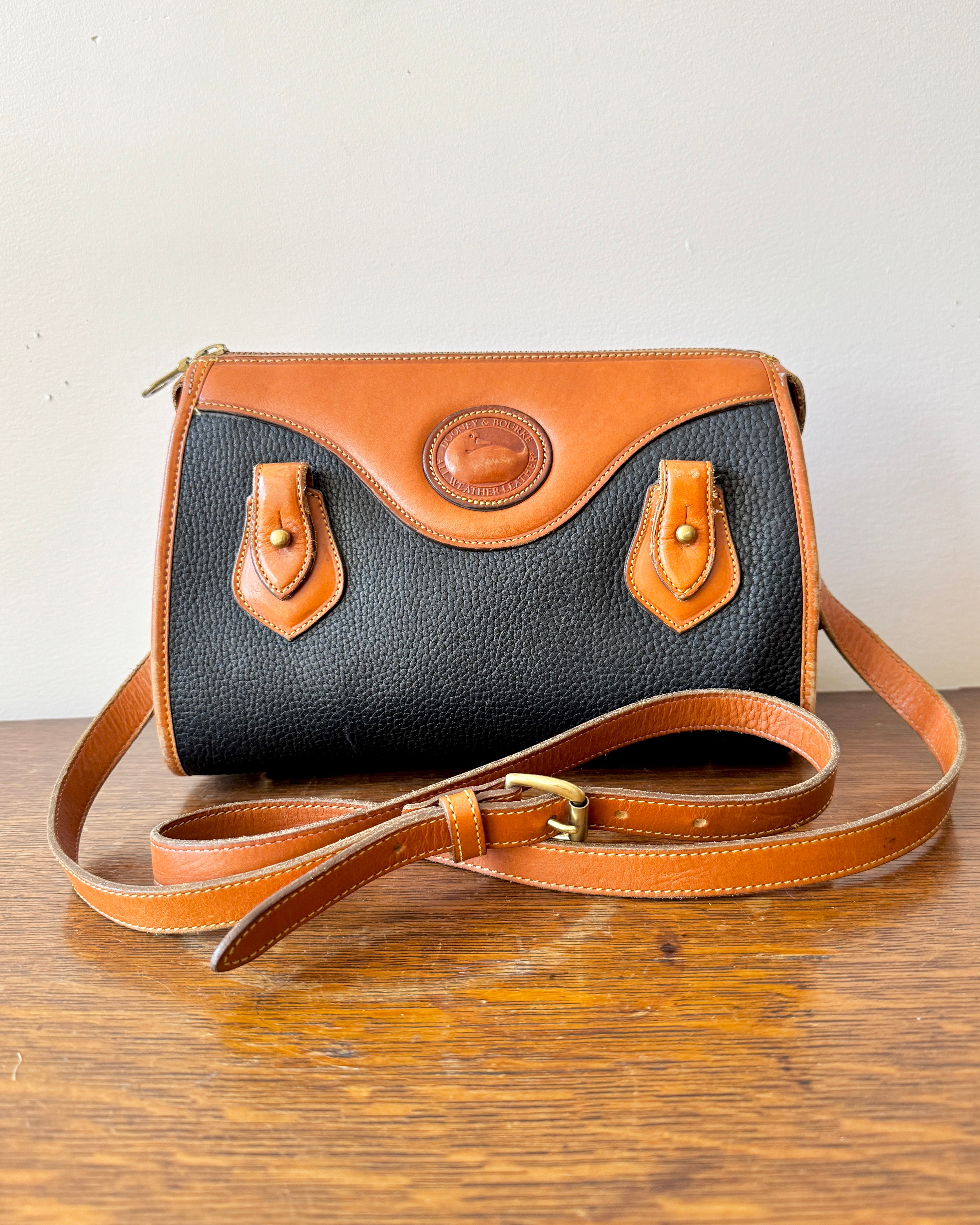 Vintage Authentic Dooney & Bourke Classic All Weather Leather Satchel Purse Shoulder or Cross Body Bag in Black and Tan Made in USA