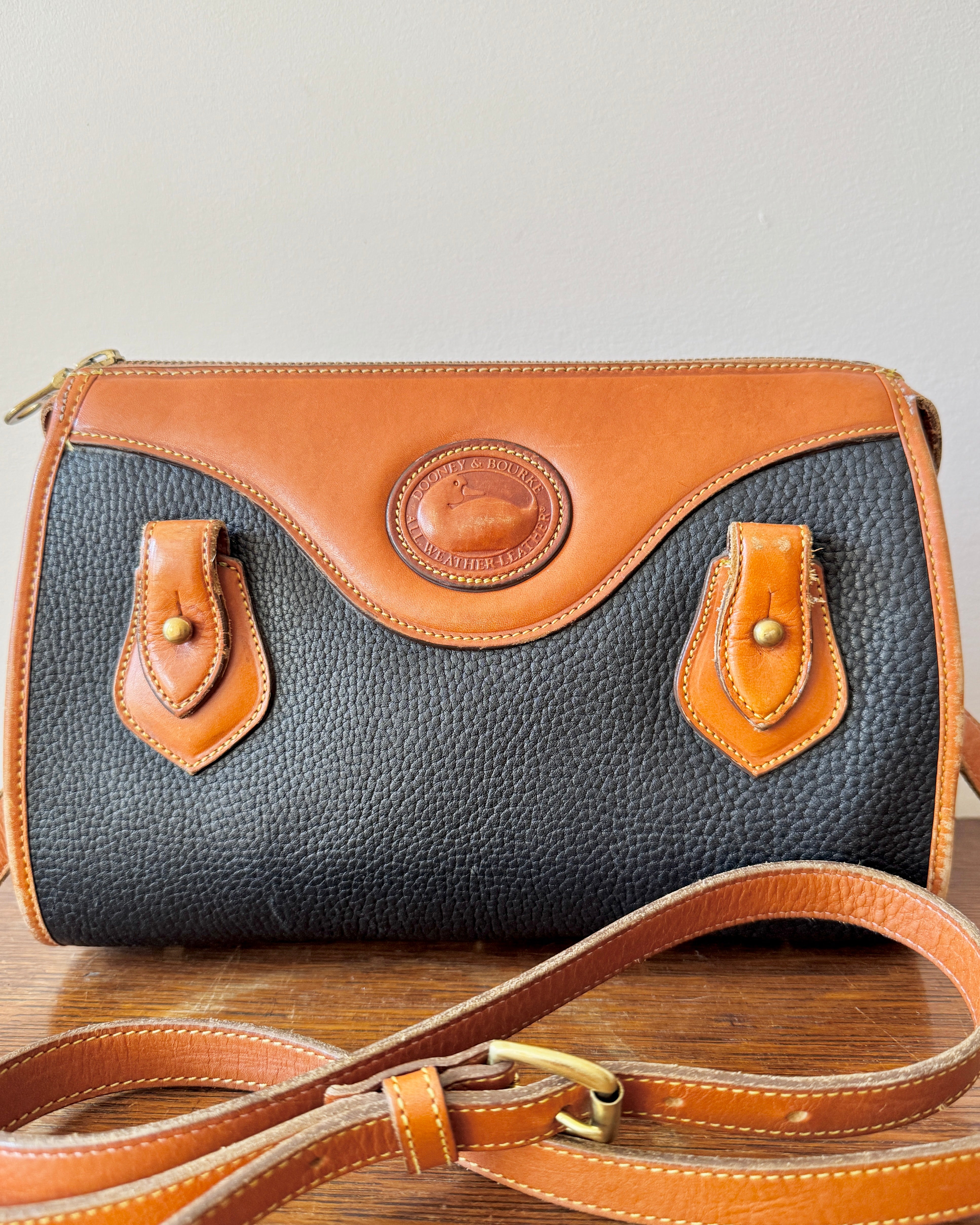 Vintage Authentic Dooney & Bourke Classic All Weather Leather Satchel Purse Shoulder or Cross Body Bag in Black and Tan Made in USA