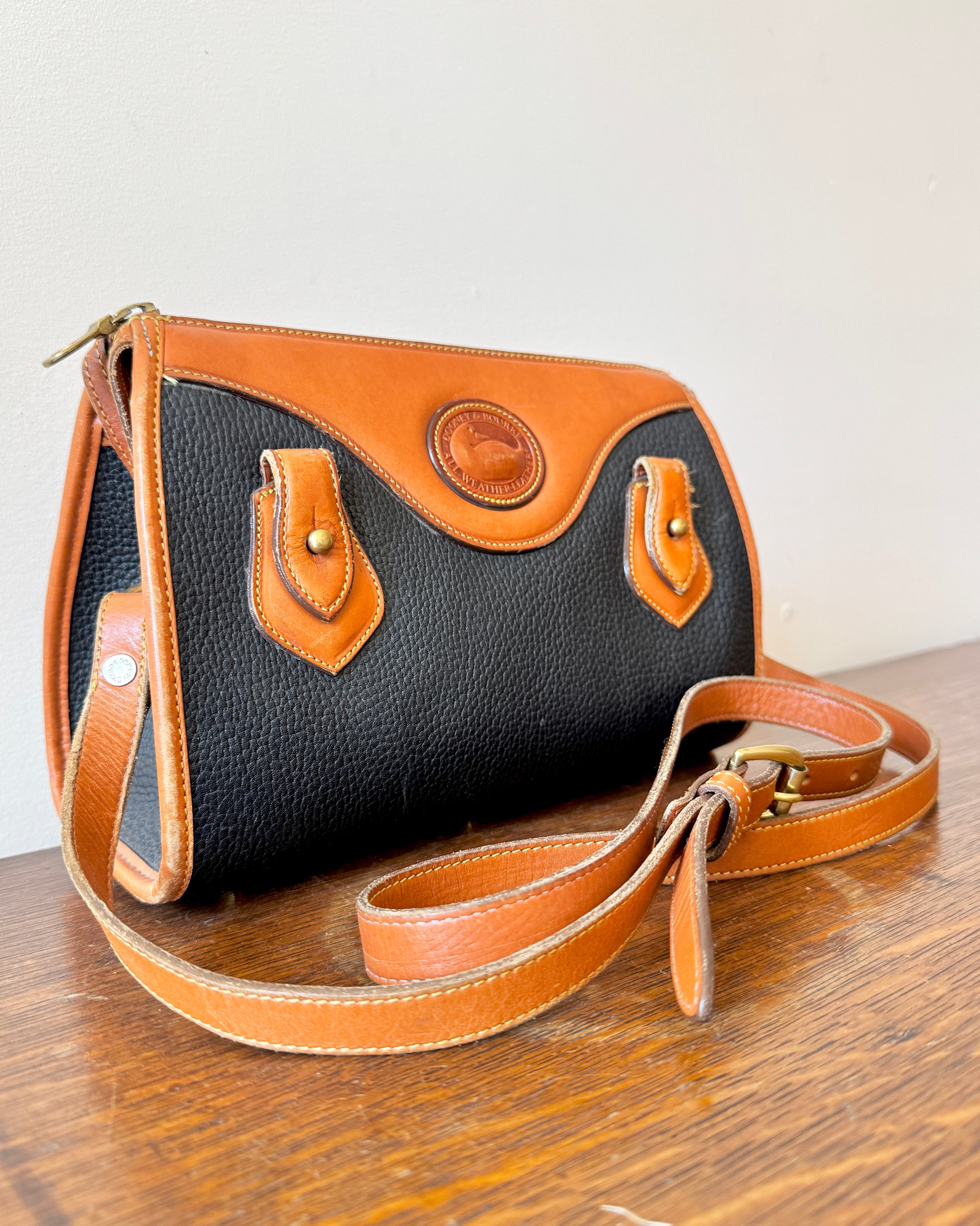 Vintage Authentic Dooney & Bourke Classic All Weather Leather Satchel Purse Shoulder or Cross Body Bag in Black and Tan Made in USA