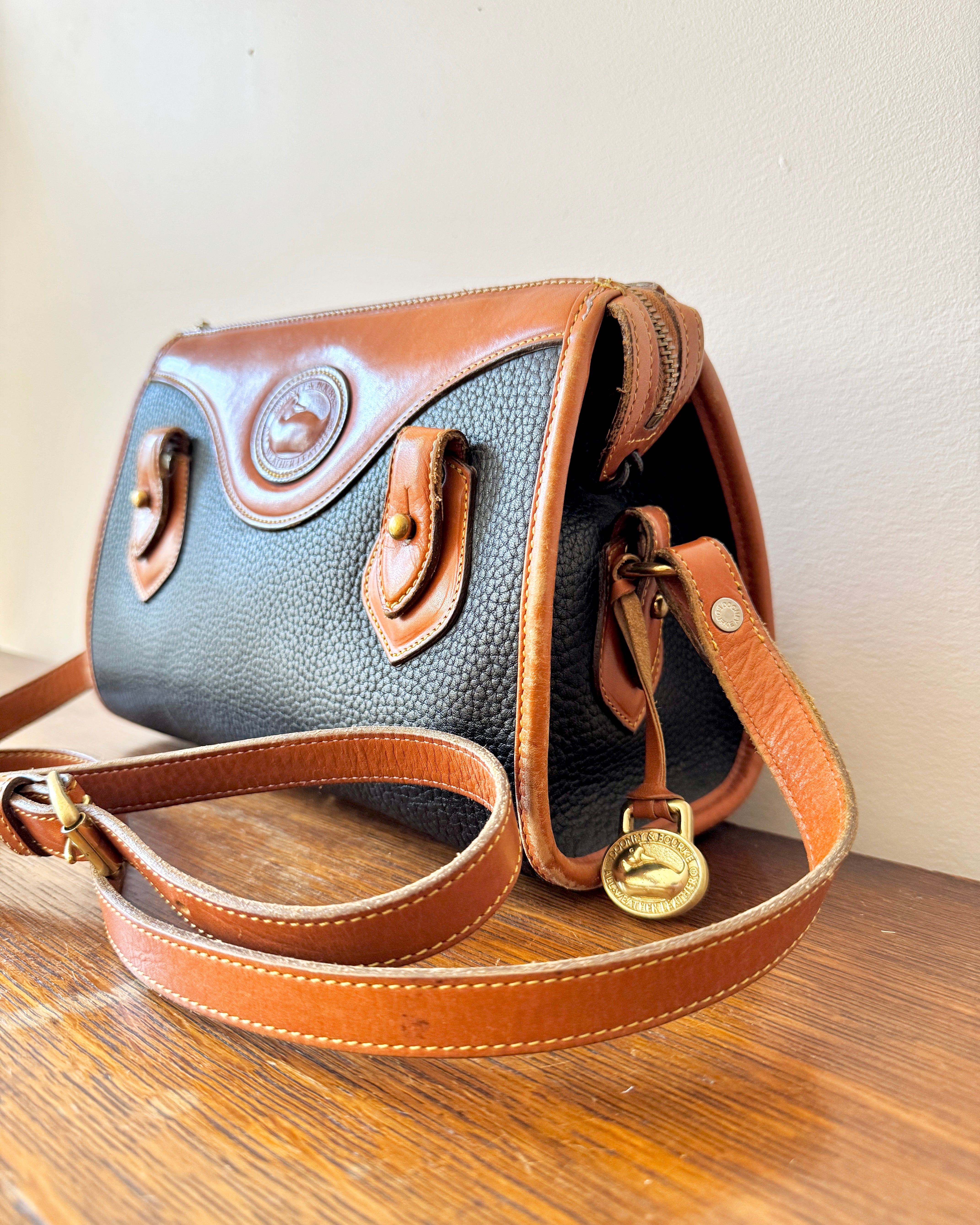 Vintage Authentic Dooney & Bourke Classic All Weather Leather Satchel Purse Shoulder or Cross Body Bag in Black and Tan Made in USA