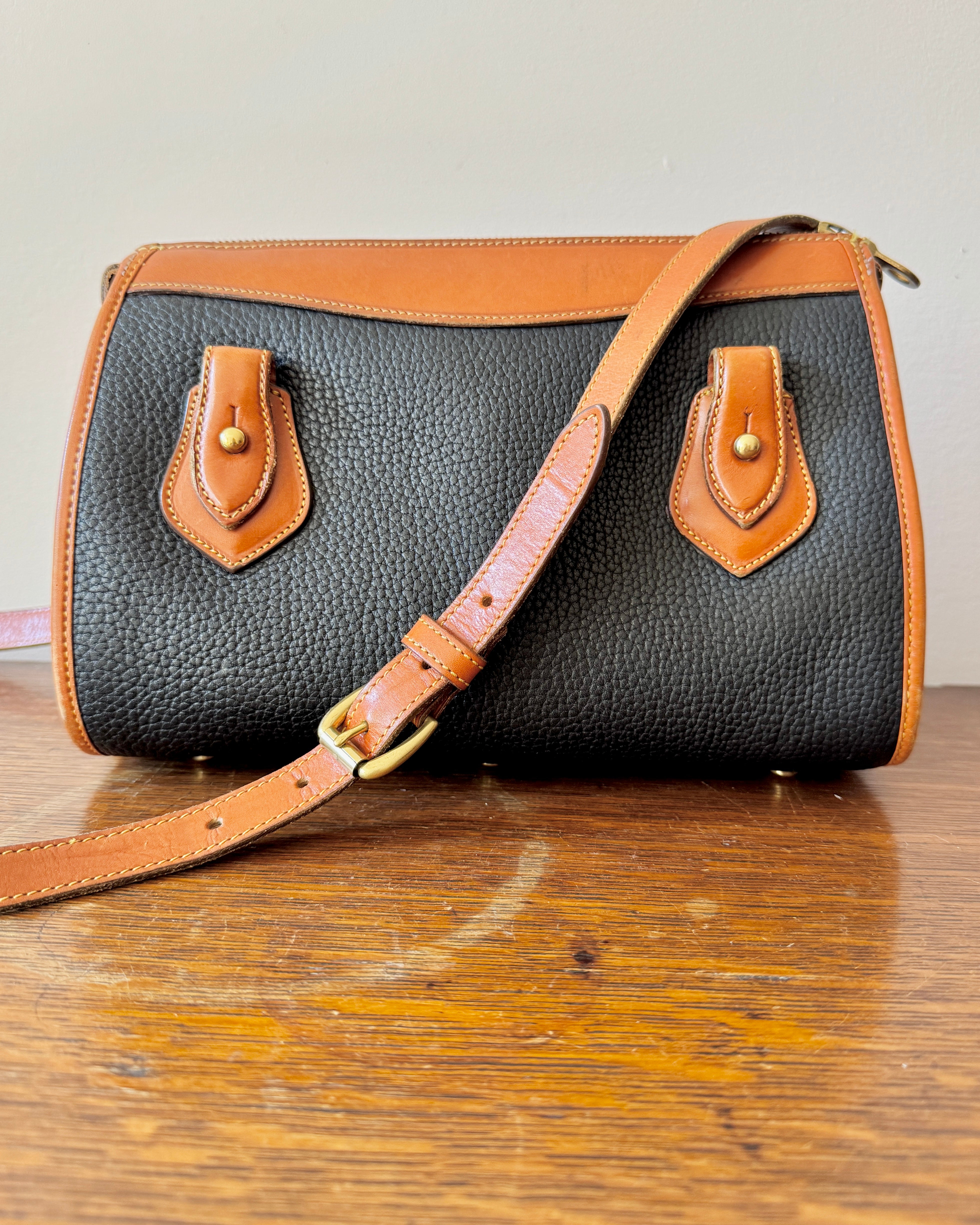 Vintage Authentic Dooney & Bourke Classic All Weather Leather Satchel Purse Shoulder or Cross Body Bag in Black and Tan Made in USA