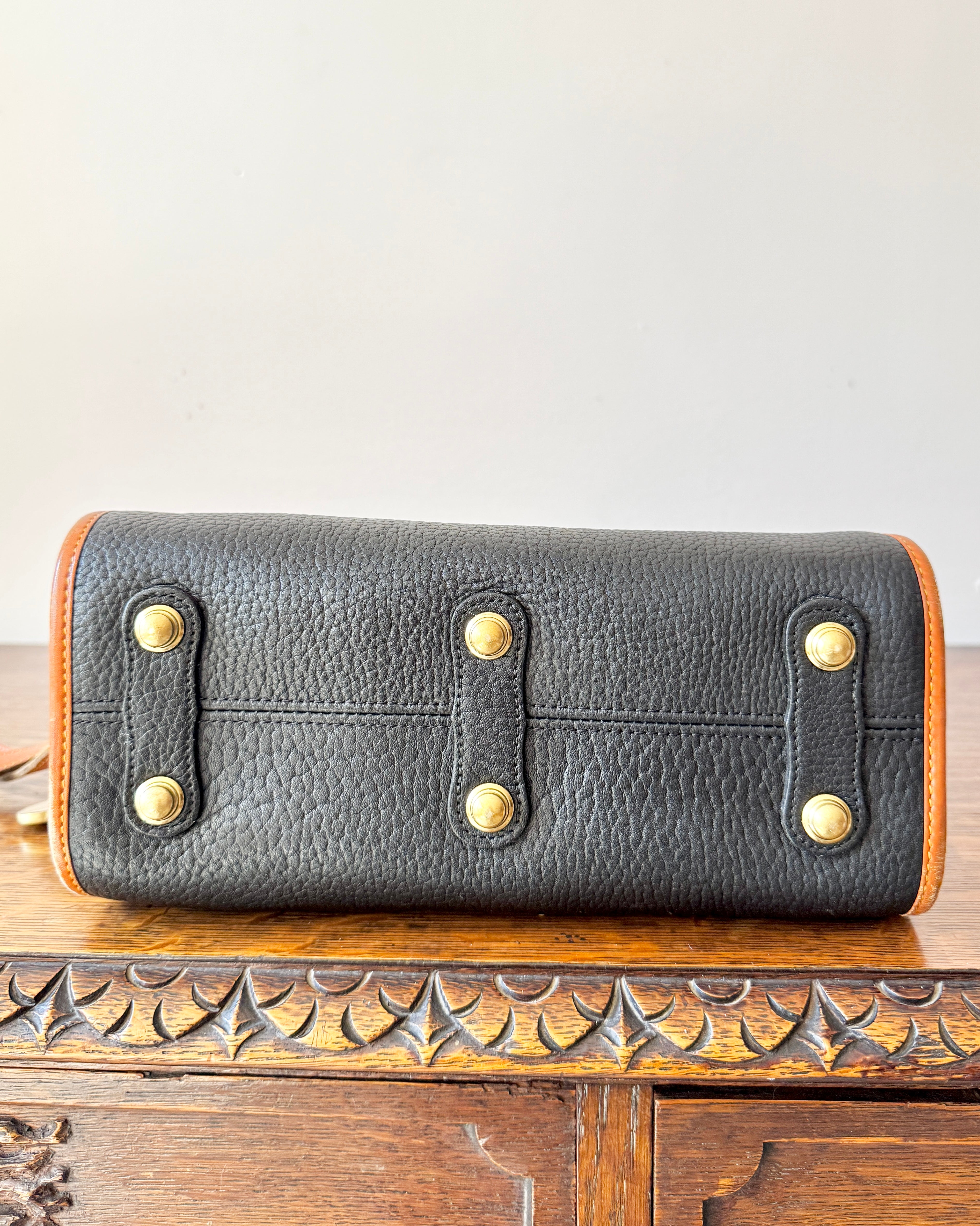 Vintage Authentic Dooney & Bourke Classic All Weather Leather Satchel Purse Shoulder or Cross Body Bag in Black and Tan Made in USA