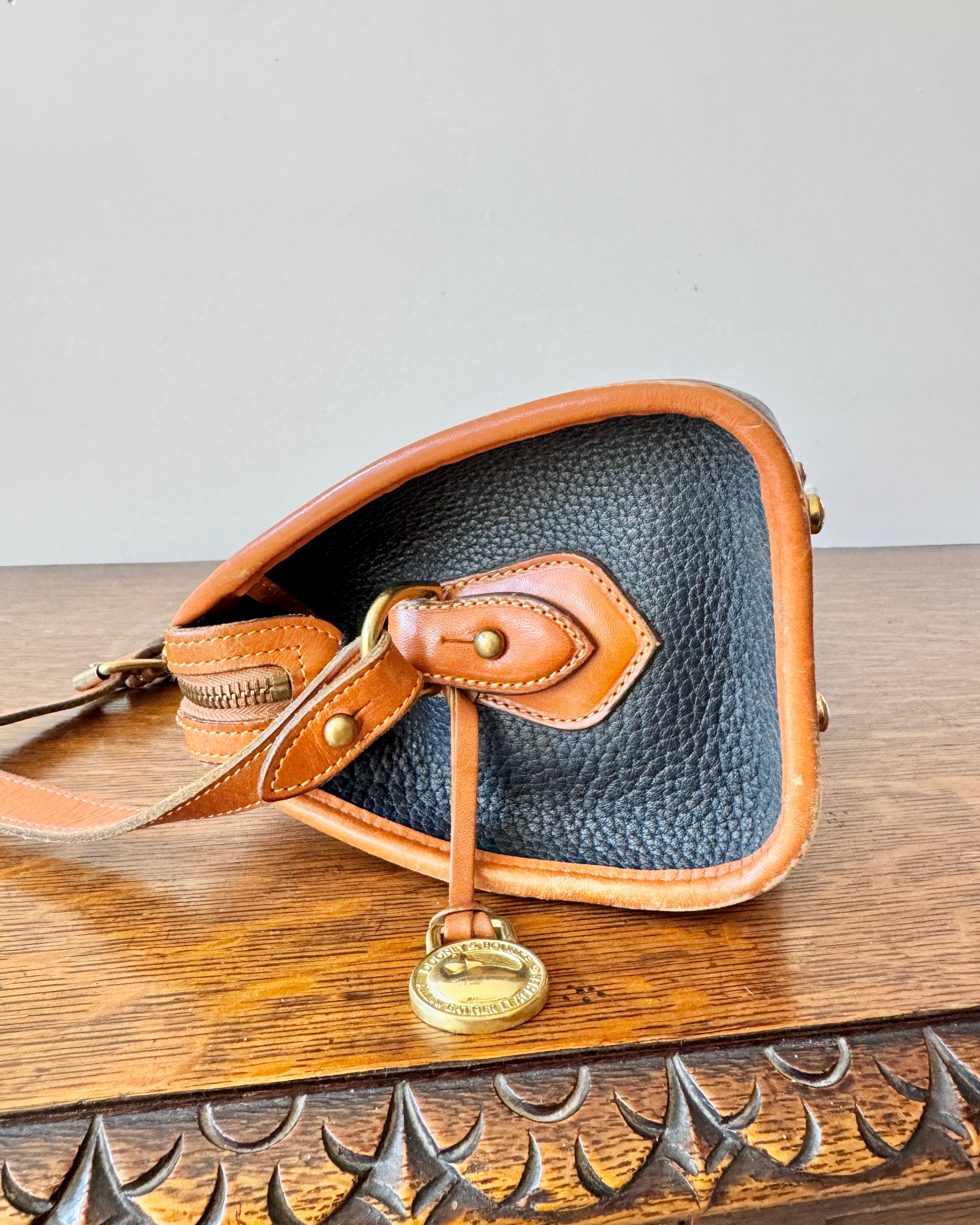 Vintage Authentic Dooney & Bourke Classic All Weather Leather Satchel Purse Shoulder or Cross Body Bag in Black and Tan Made in USA