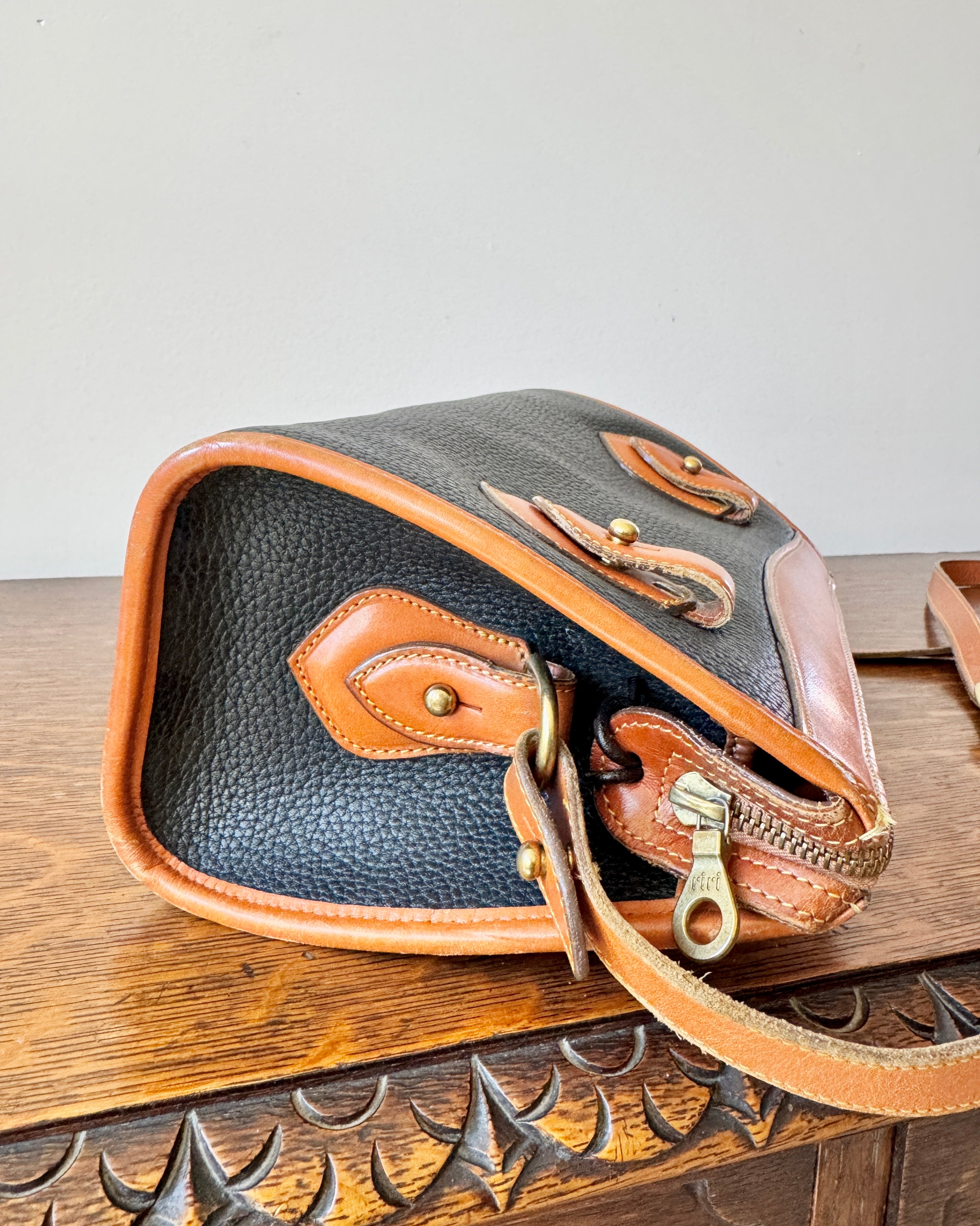 Vintage Authentic Dooney & Bourke Classic All Weather Leather Satchel Purse Shoulder or Cross Body Bag in Black and Tan Made in USA