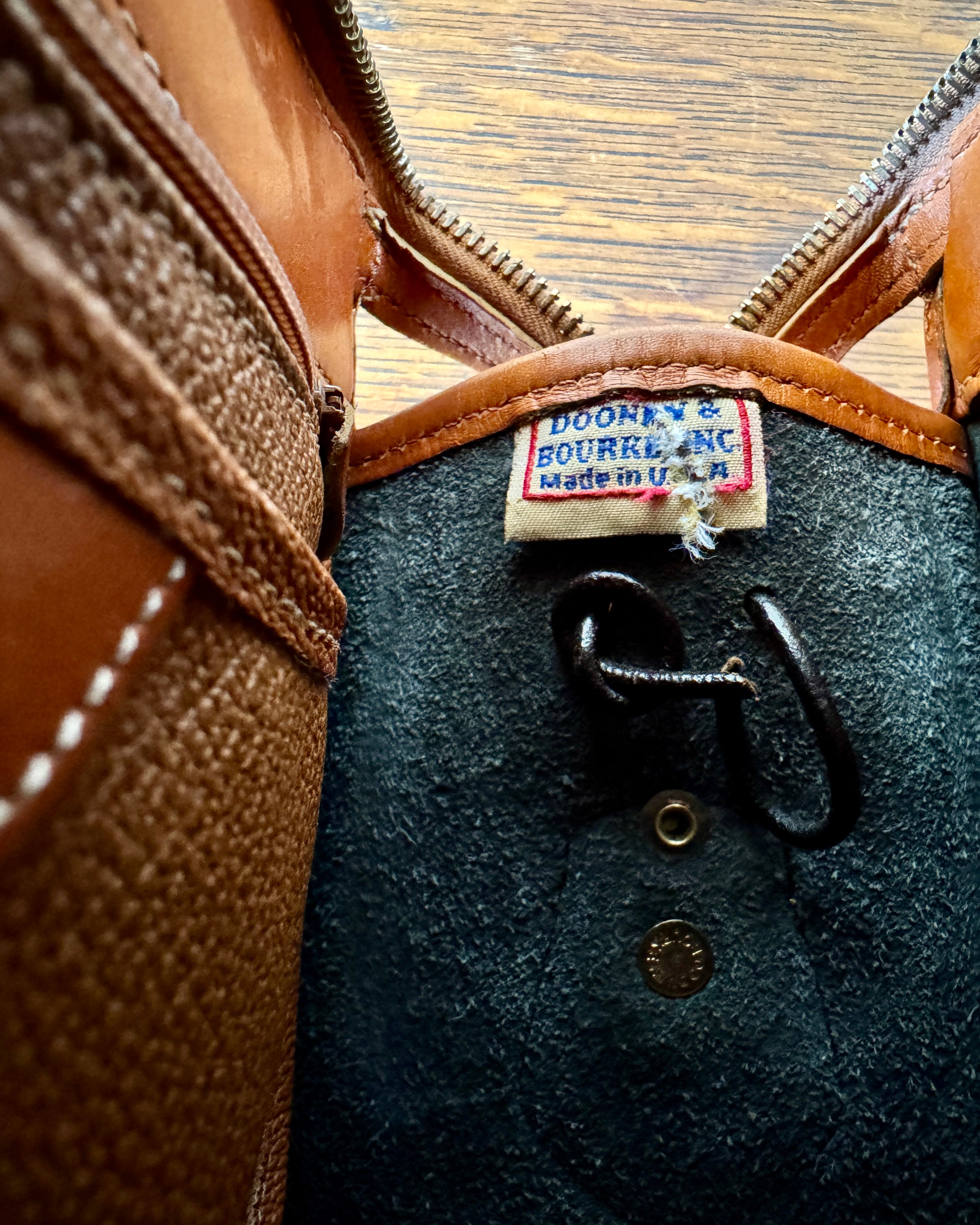 Vintage Authentic Dooney & Bourke Classic All Weather Leather Satchel Purse Shoulder or Cross Body Bag in Black and Tan Made in USA