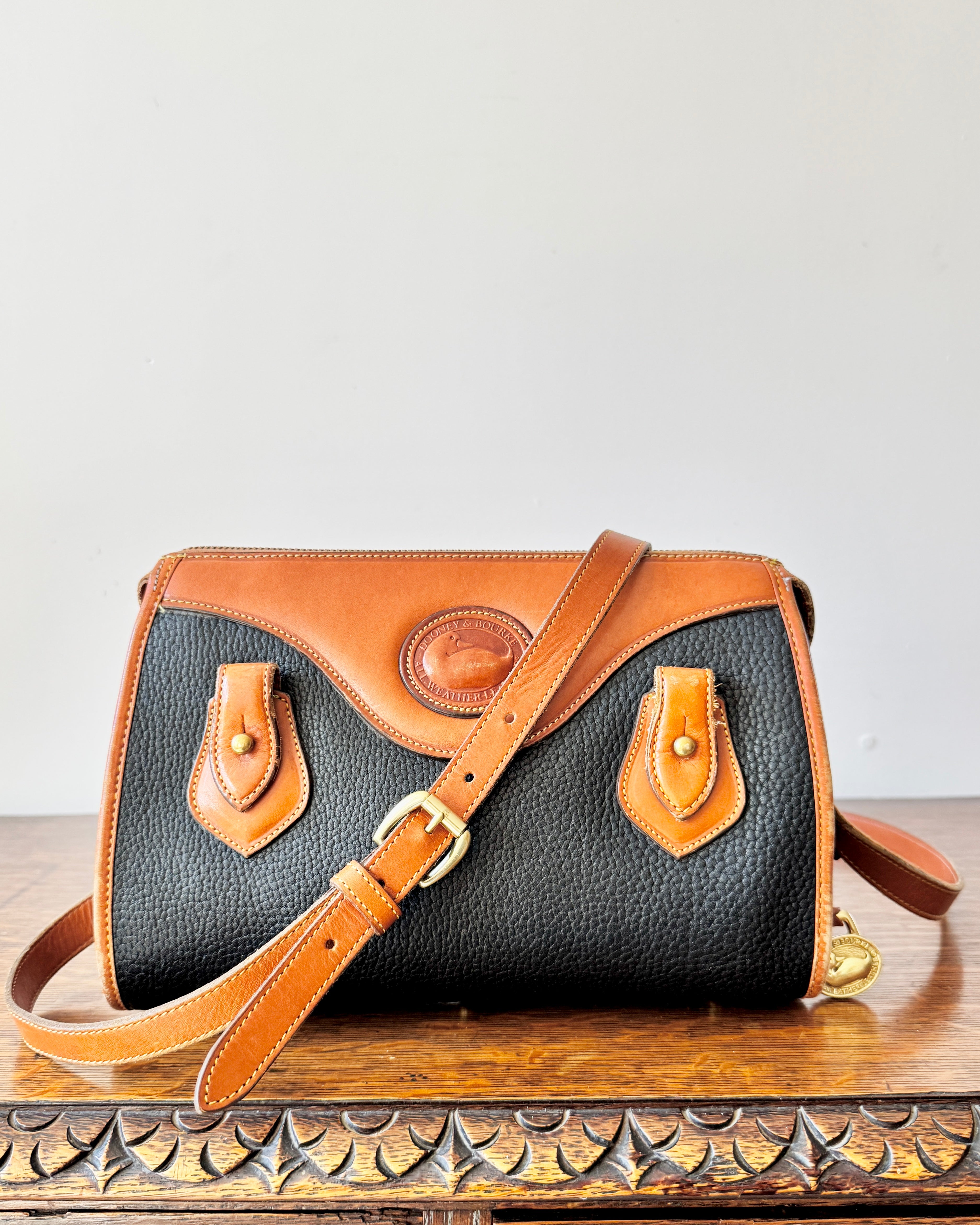 Vintage Authentic Dooney & Bourke Classic All Weather Leather Satchel Purse Shoulder or Cross Body Bag in Black and Tan Made in USA