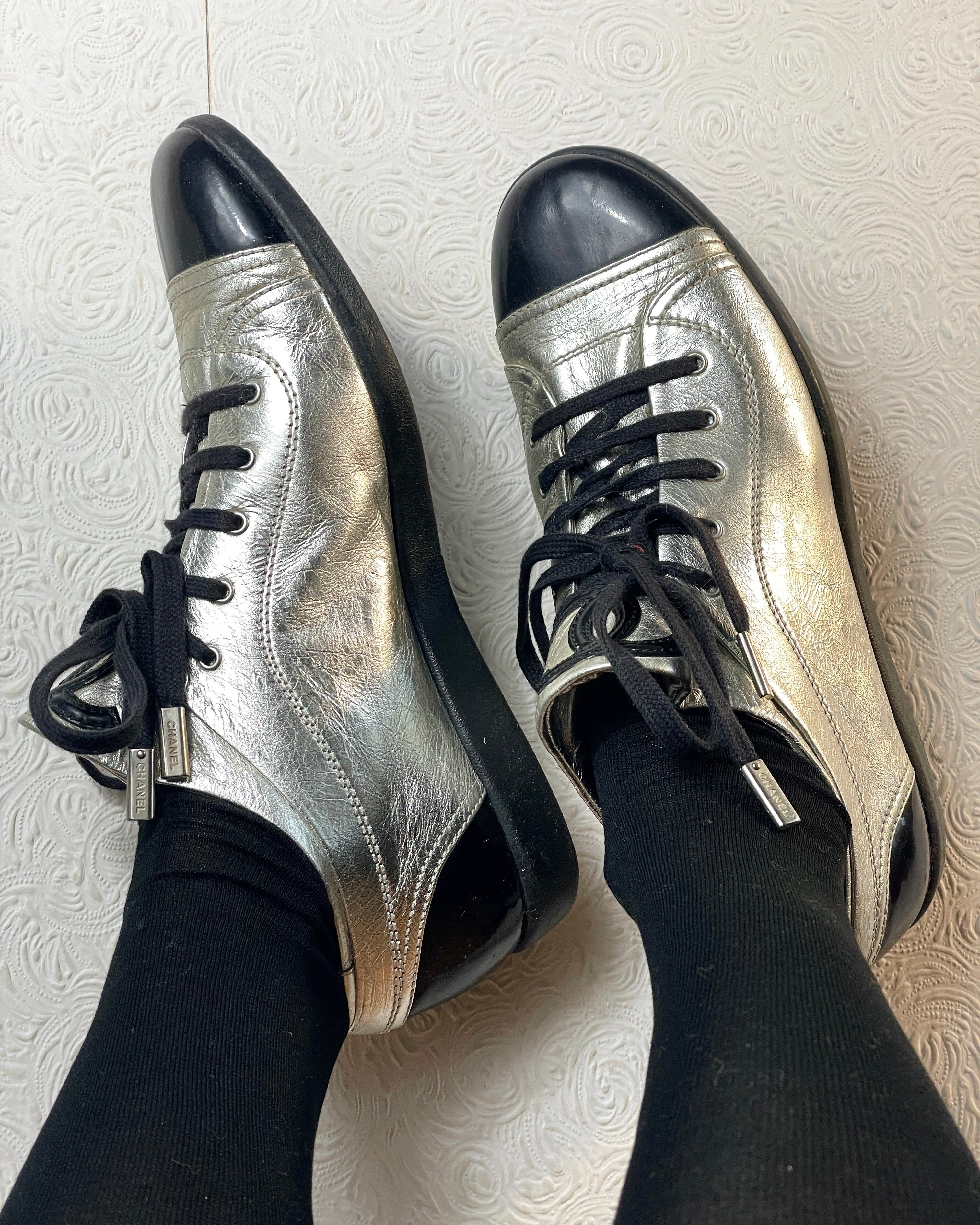 Vintage 2000s Chanel Silver and Black Leather Lace Up Shoes Fashion Sneakers with Cap Toe Size 40
