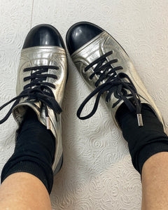 Vintage 2000s Chanel Silver and Black Leather Lace Up Shoes Fashion Sneakers with Cap Toe Size 40
