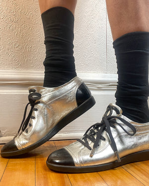 Vintage 2000s Chanel Silver and Black Leather Lace Up Shoes Fashion Sneakers with Cap Toe Size 40