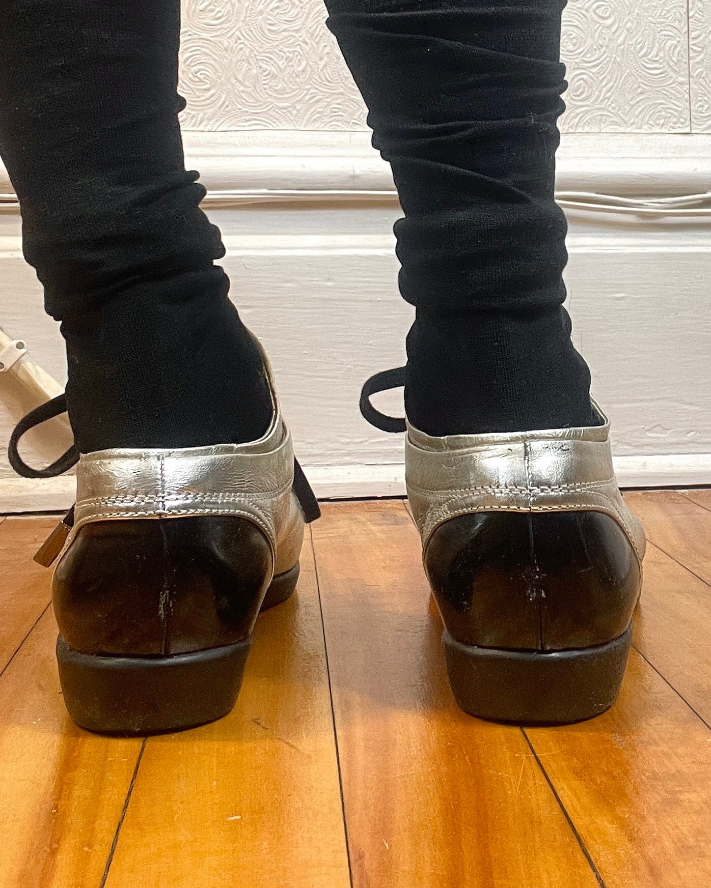 Vintage 2000s Chanel Silver and Black Leather Lace Up Shoes Fashion Sneakers with Cap Toe Size 40