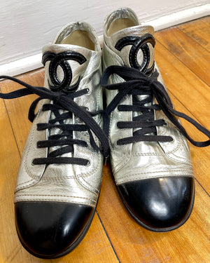 Vintage 2000s Chanel Silver and Black Leather Lace Up Shoes Fashion Sneakers with Cap Toe Size 40
