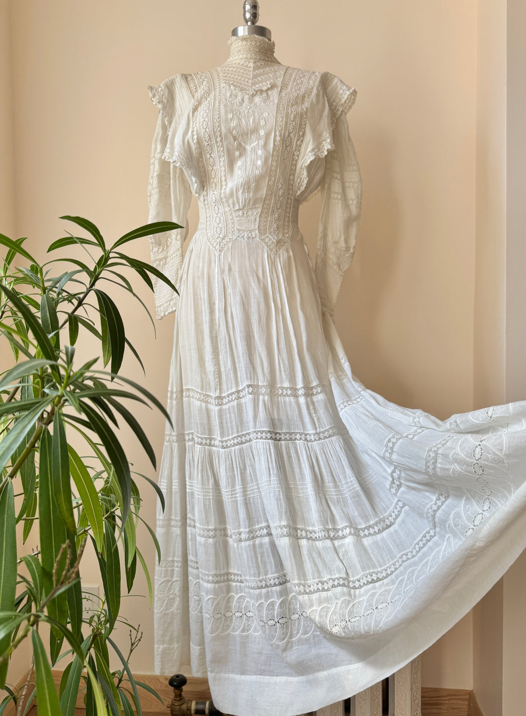 Antique Victorian White Cotton Lace Embroidery Pintuck Long Tiered Dress Wasp Waist High Collar Gathered Puff Butterfly Sleeves