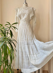 Antique Victorian White Cotton Lace Embroidery Pintuck Long Tiered Dress Wasp Waist High Collar Gathered Puff Butterfly Sleeves