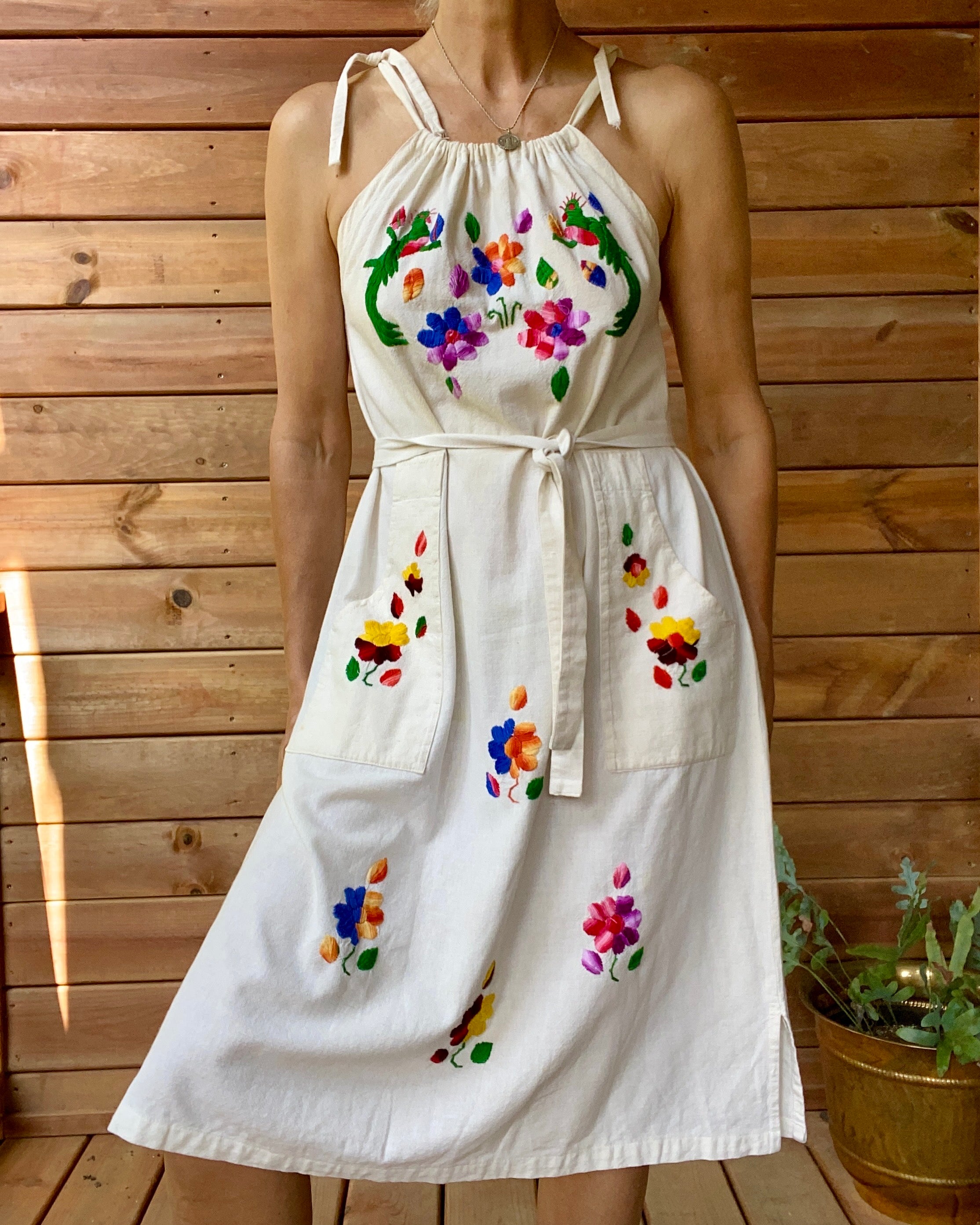 Vintage Mexican Embroidered Shoulder Strap Dress