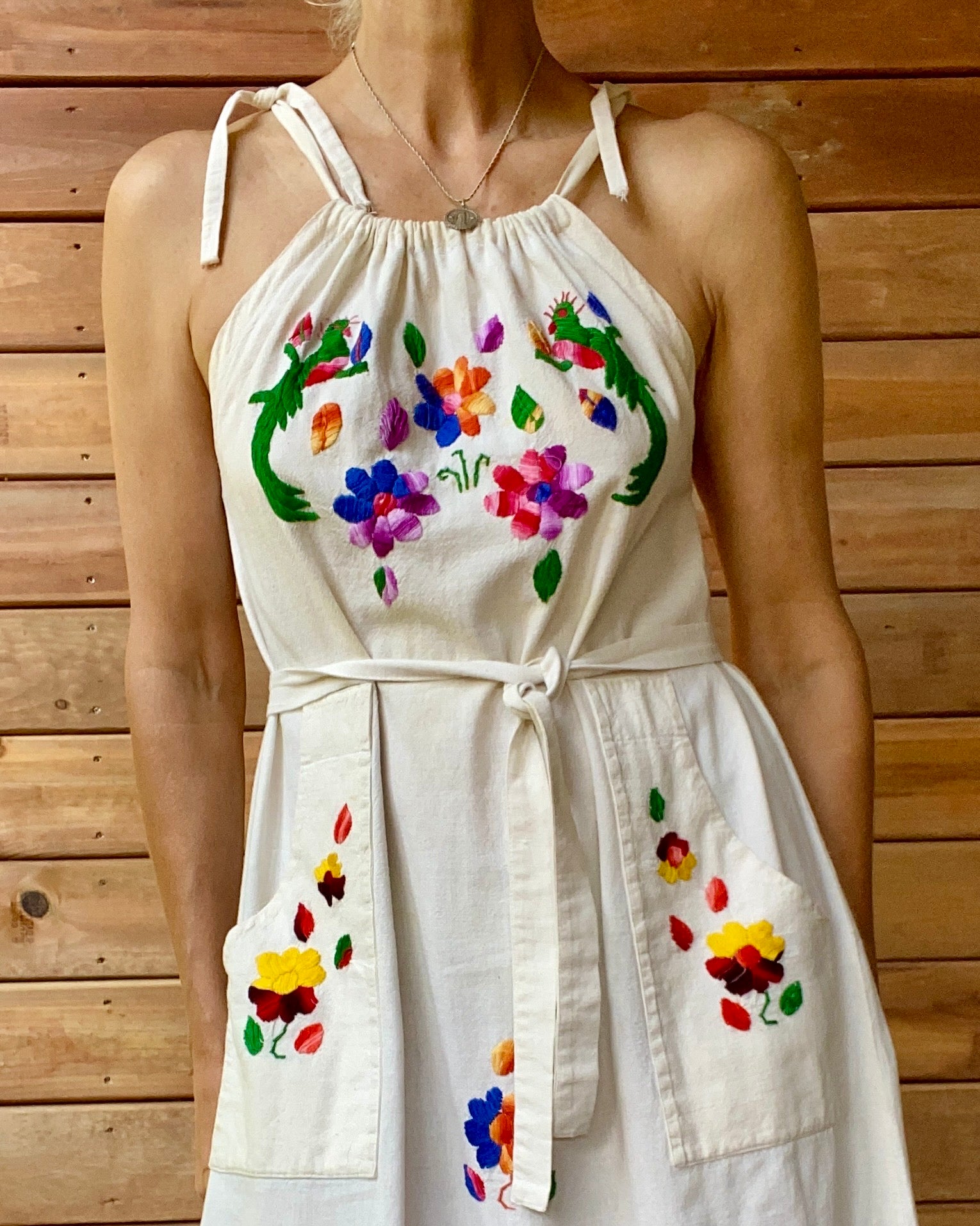 Vintage Mexican Embroidered Shoulder Strap Dress