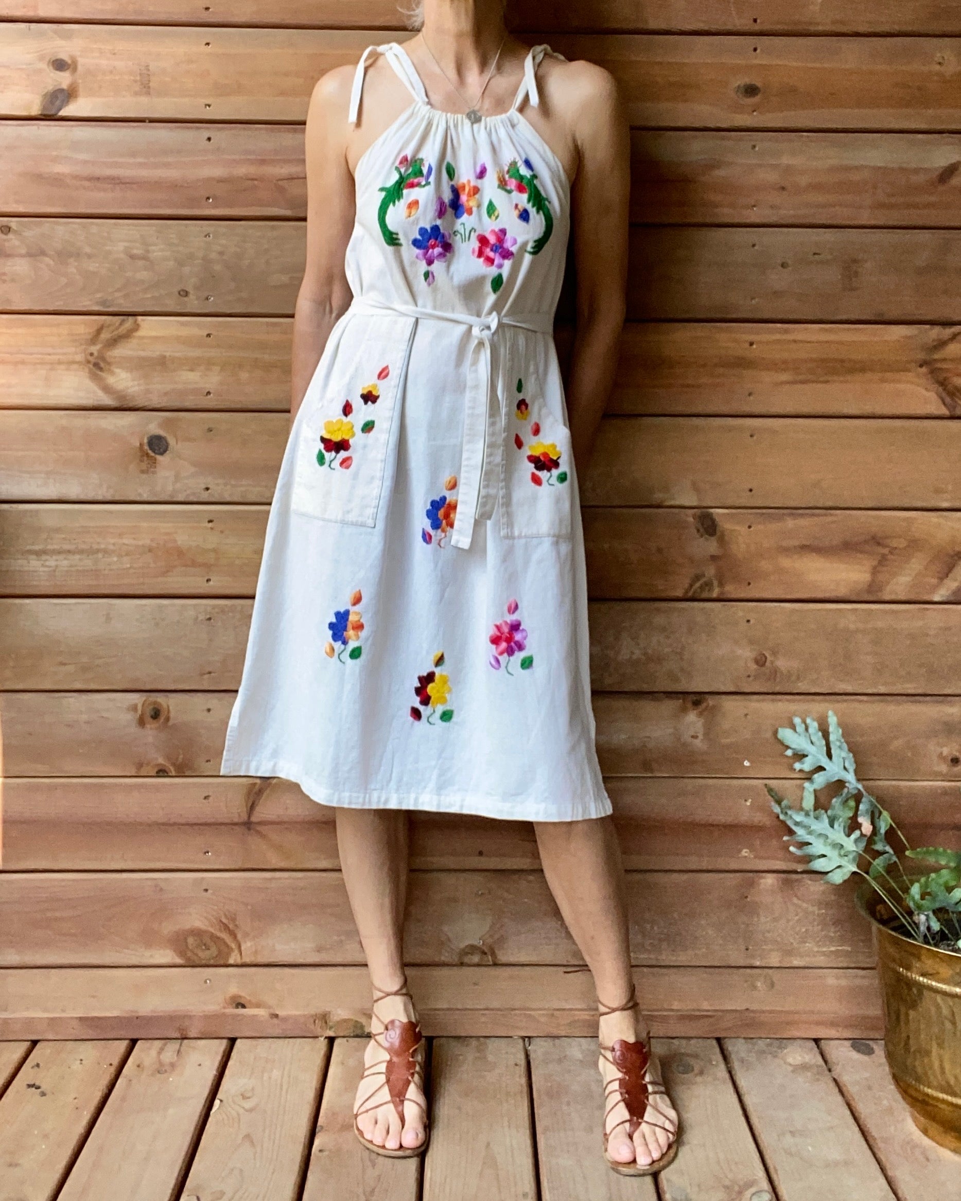 Vintage Mexican Embroidered Shoulder Strap Dress