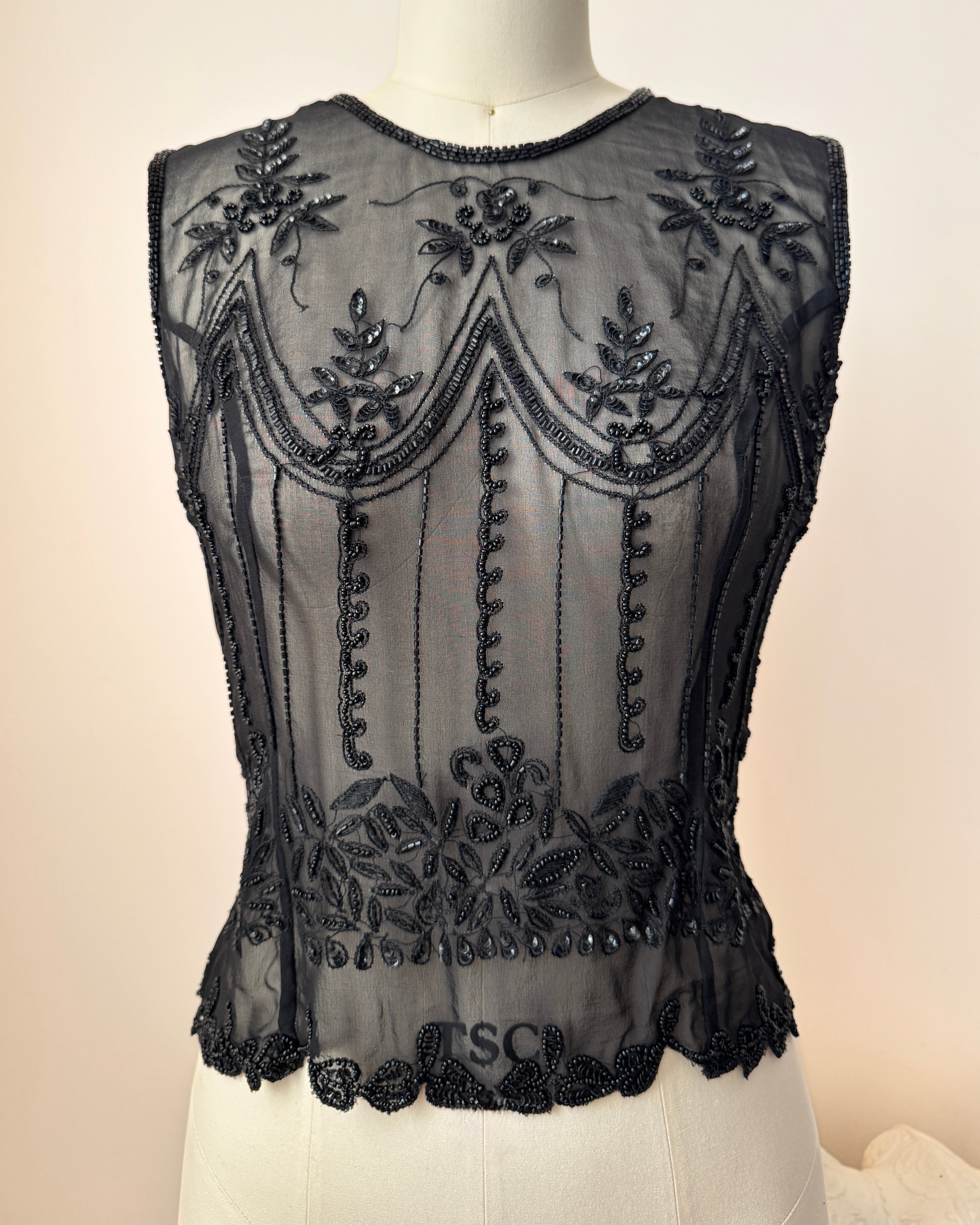 Vintage Black Sheer Silk Chiffon Beaded and Embroidered Sleeveless Top Shell Dowtown Abbey Style