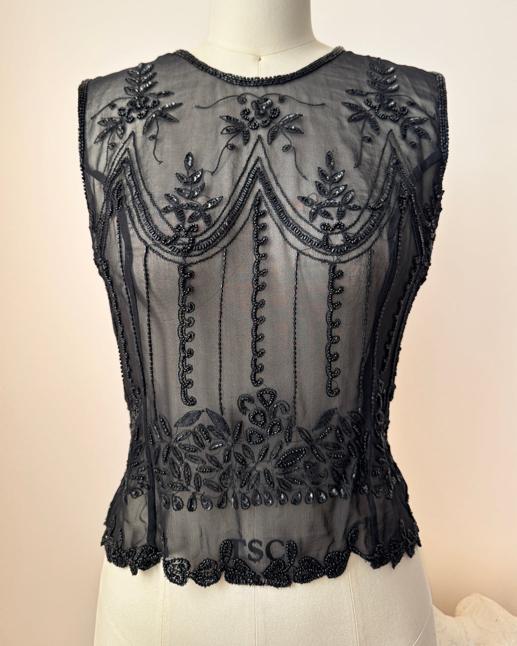 Vintage Black Sheer Silk Chiffon Beaded and Embroidered Sleeveless Top Shell Dowtown Abbey Style