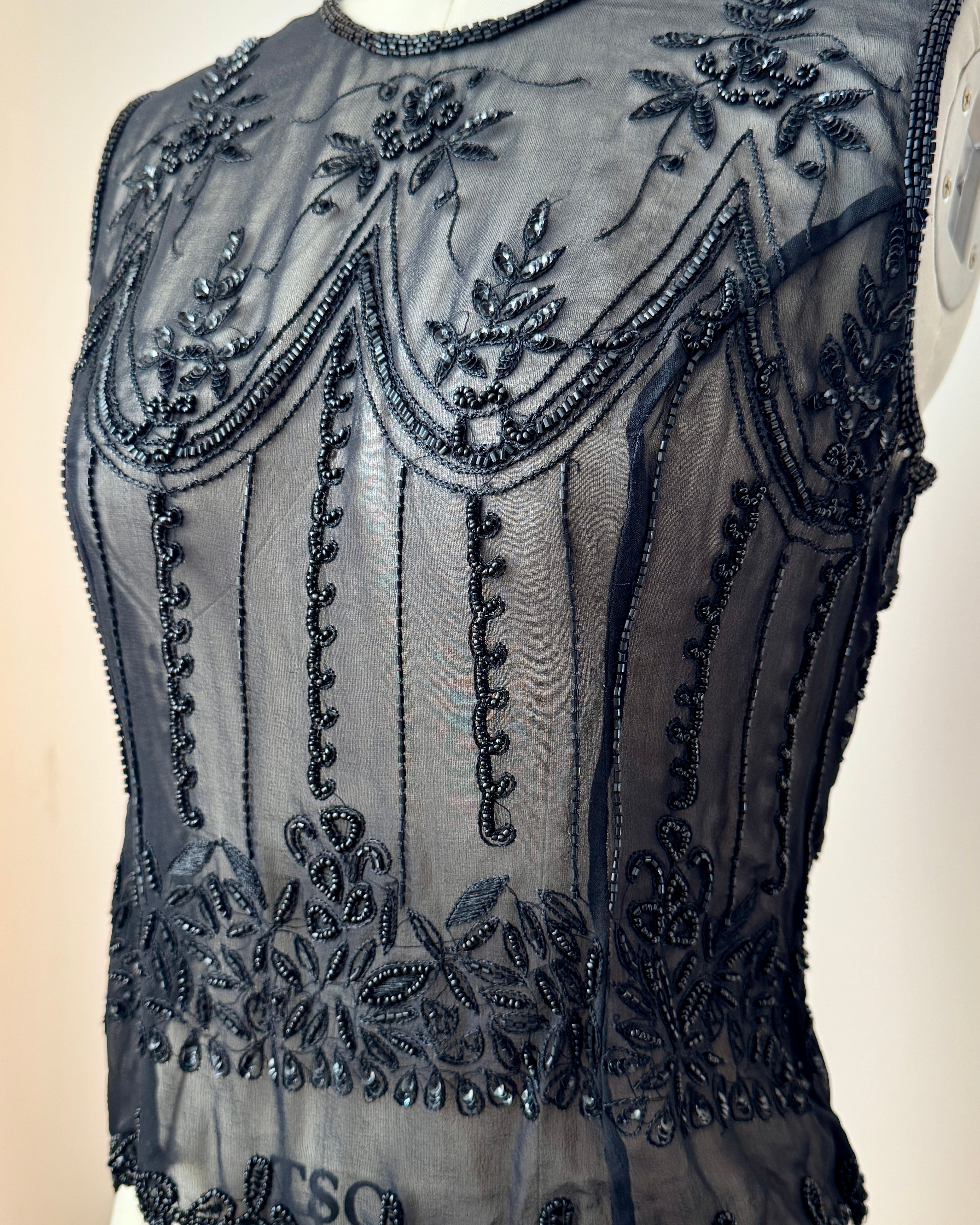 Vintage Black Sheer Silk Chiffon Beaded and Embroidered Sleeveless Top Shell Dowtown Abbey Style