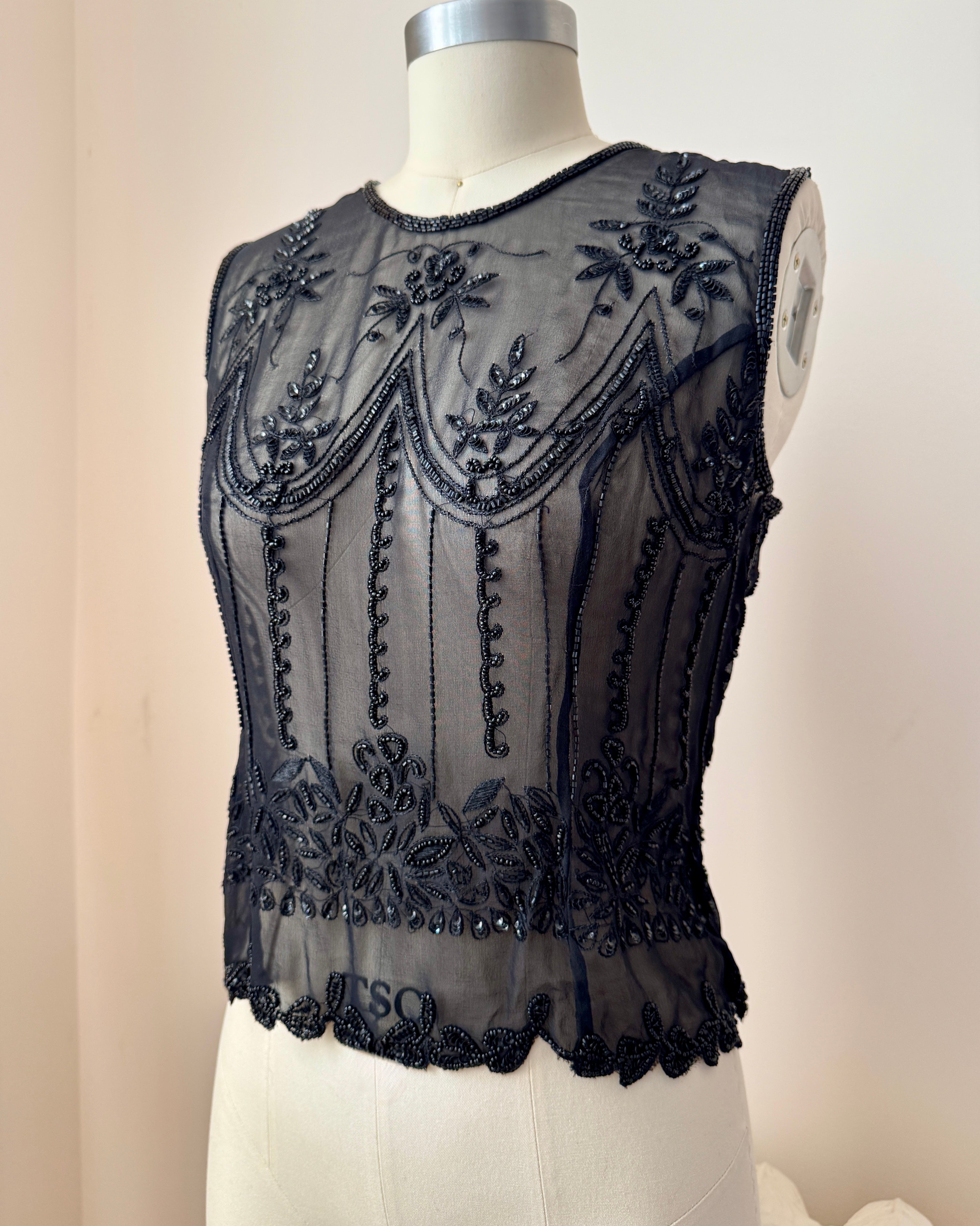 Vintage Black Sheer Silk Chiffon Beaded and Embroidered Sleeveless Top Shell Dowtown Abbey Style