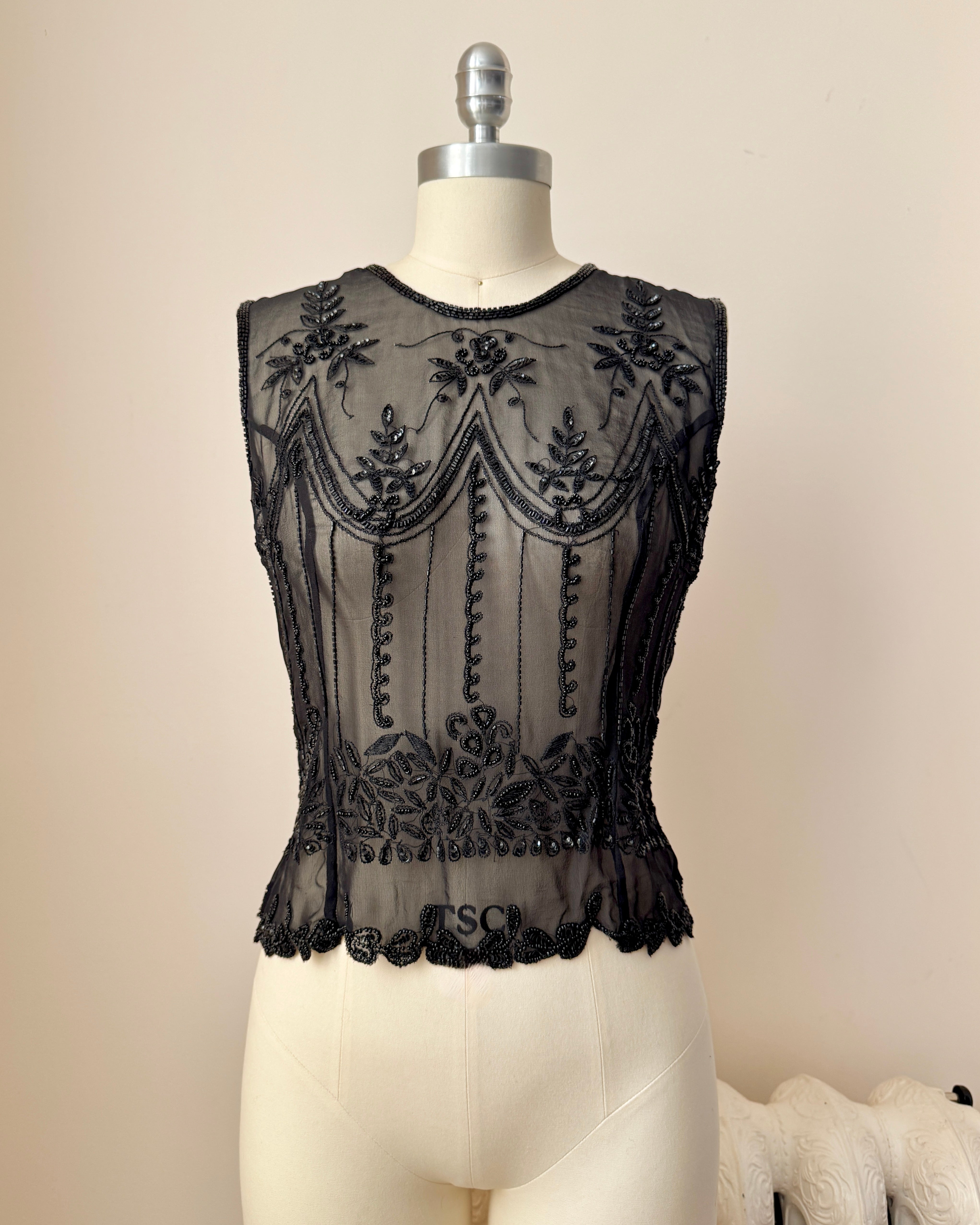 Vintage Black Sheer Silk Chiffon Beaded and Embroidered Sleeveless Top Shell Dowtown Abbey Style