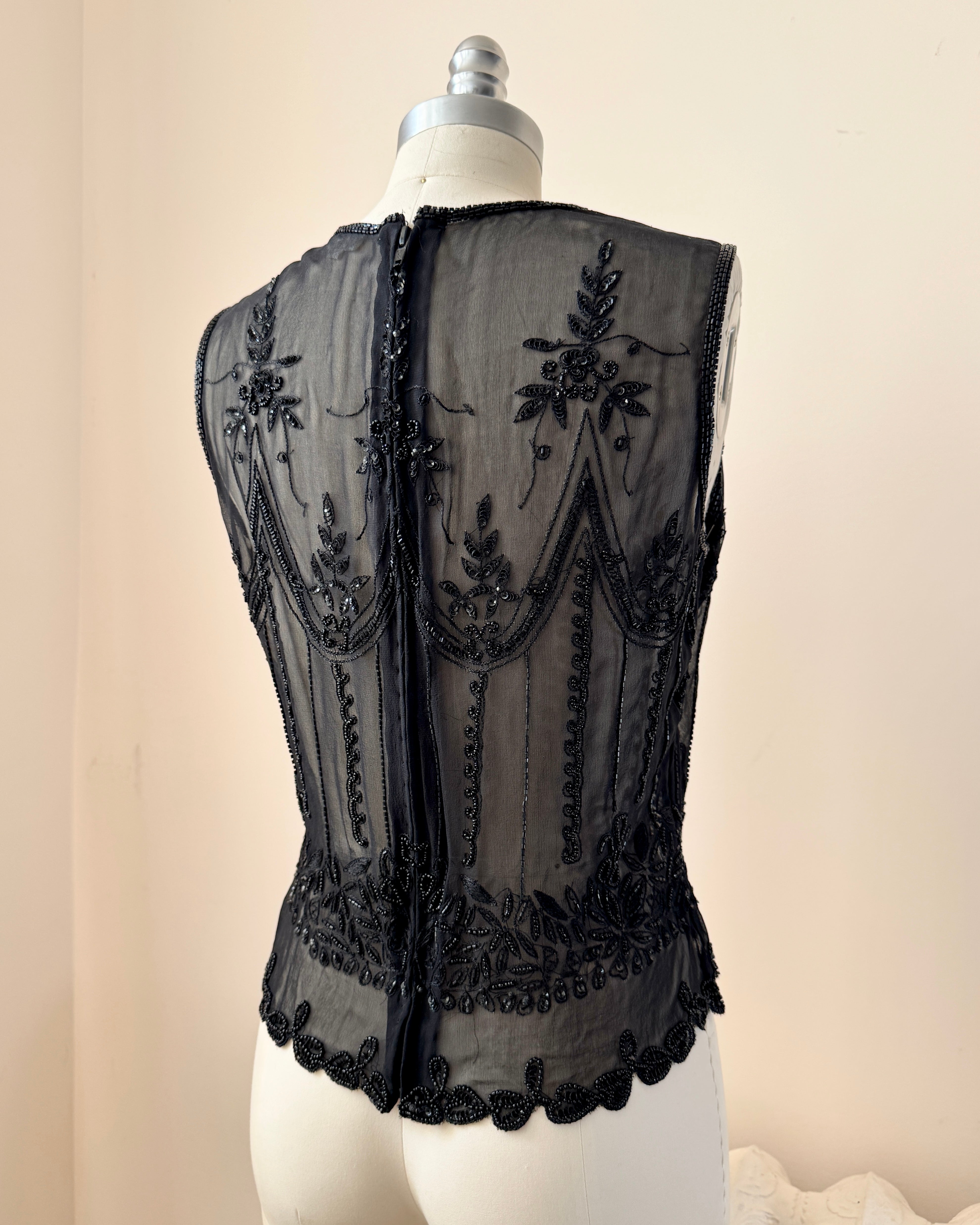 Vintage Black Sheer Silk Chiffon Beaded and Embroidered Sleeveless Top Shell Dowtown Abbey Style