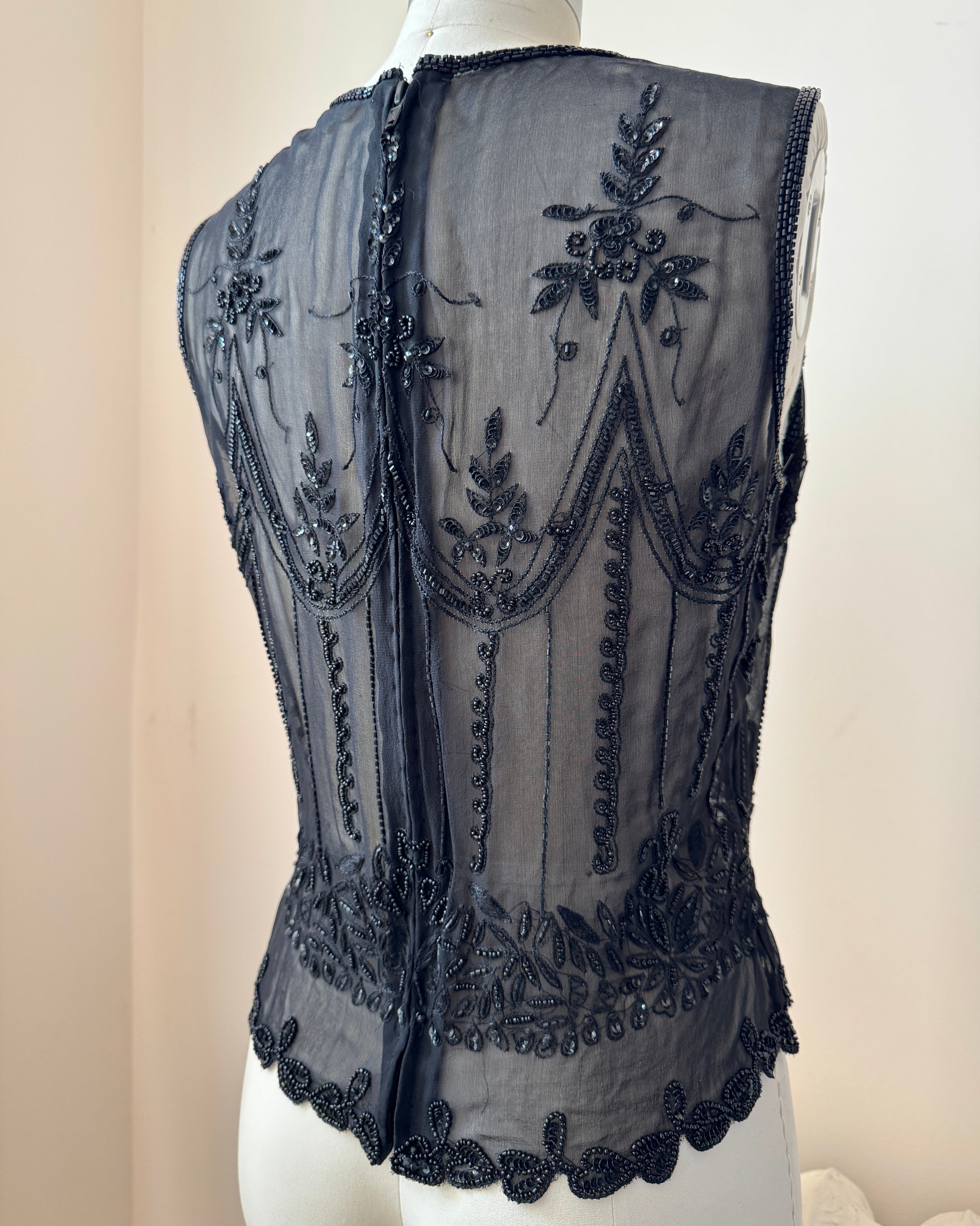 Vintage Black Sheer Silk Chiffon Beaded and Embroidered Sleeveless Top Shell Dowtown Abbey Style