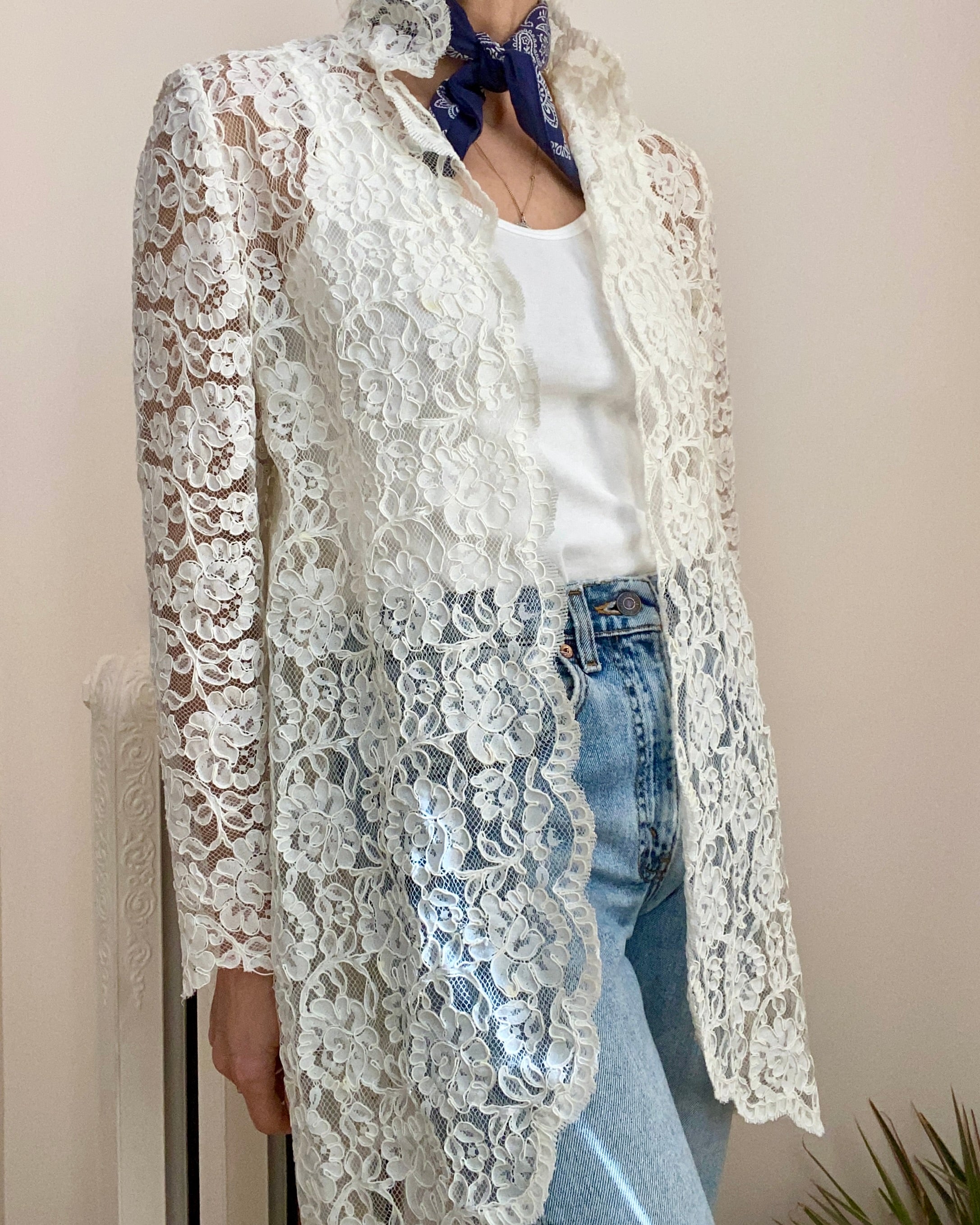 Vintage 1980s Cream Floral Soutache Lace On Mesh Net Top Cardigan Jacket M L