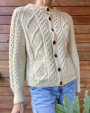 Vintage Handknit Cream Aran Cable Fisherman Sweater Cardigan XS S of