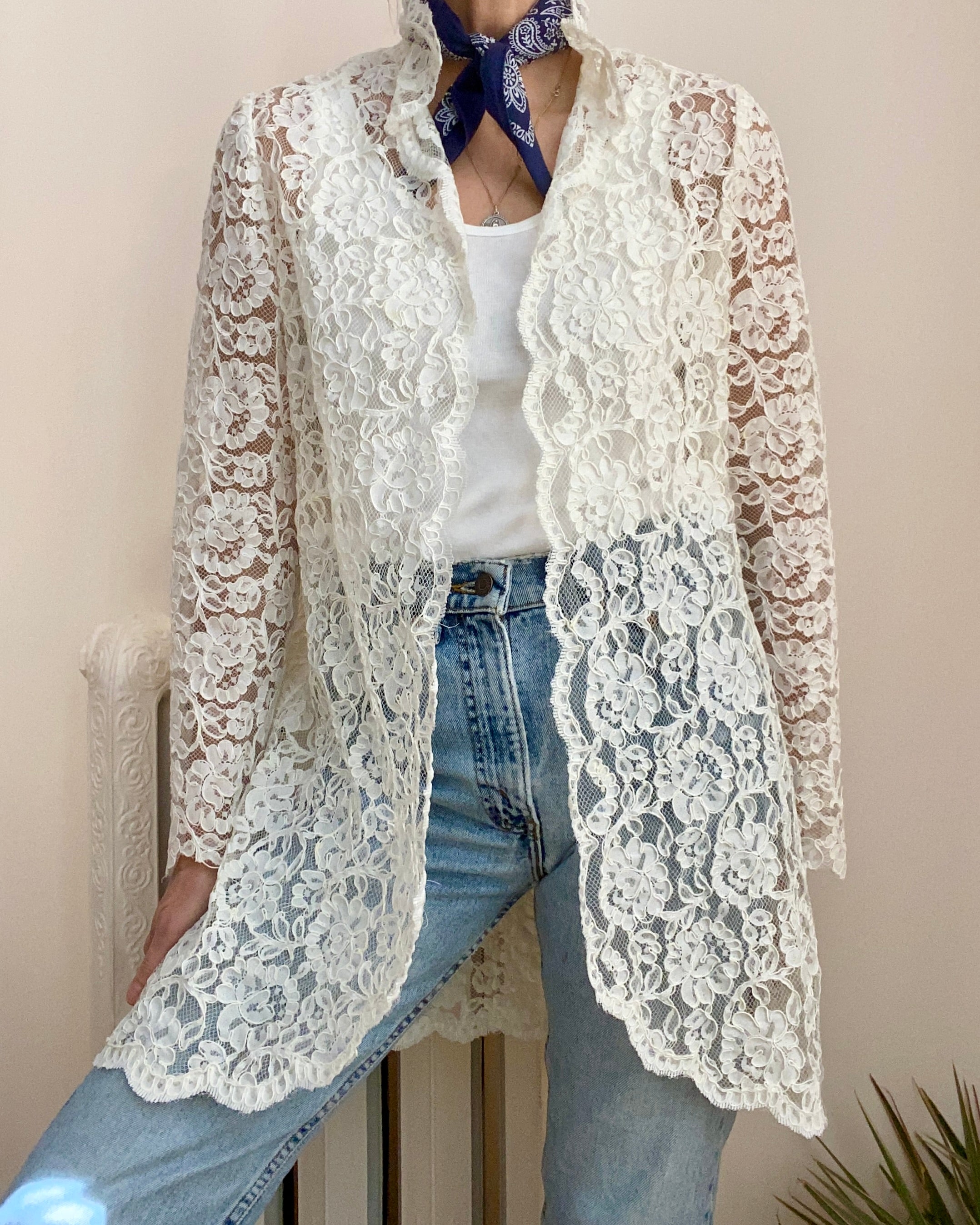 Vintage 1980s Cream Floral Soutache Lace On Mesh Net Top Cardigan Jacket M L