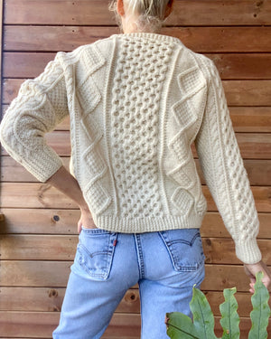 Vintage Handknit Cream Aran Cable Fisherman Sweater Cardigan XS S of