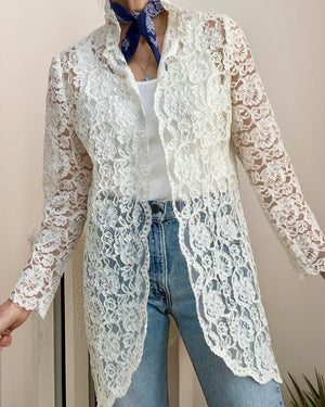 Vintage 1980s Cream Floral Soutache Lace On Mesh Net Top Cardigan Jacket M L