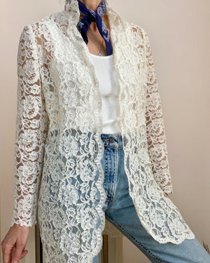 Vintage 1980s Cream Floral Soutache Lace On Mesh Net Top Cardigan Jacket M L