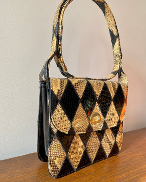 Rare Vintage 1960s FIORENZA Snake Skin Harlequin Black and Cream Hand Bag
