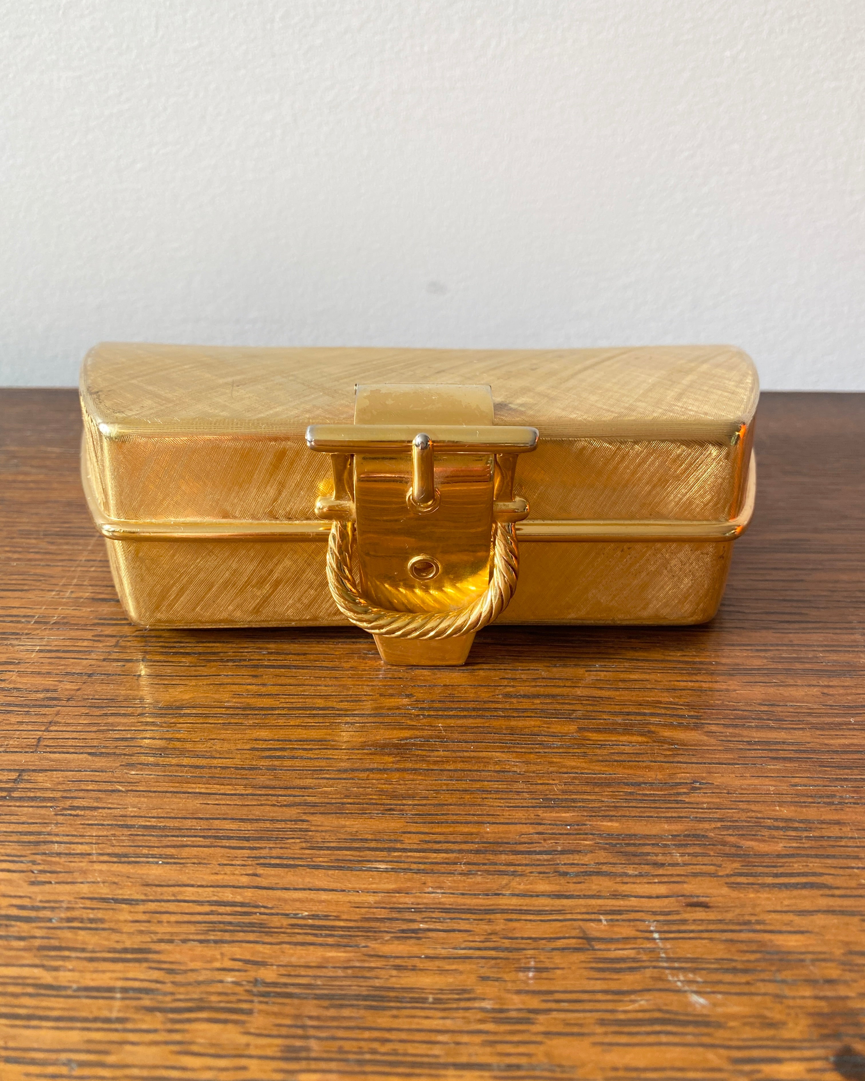 Vintage 1960s BONWIT TELLER Gold Tone Metal Box Clutch With Buckle  Made in Italy