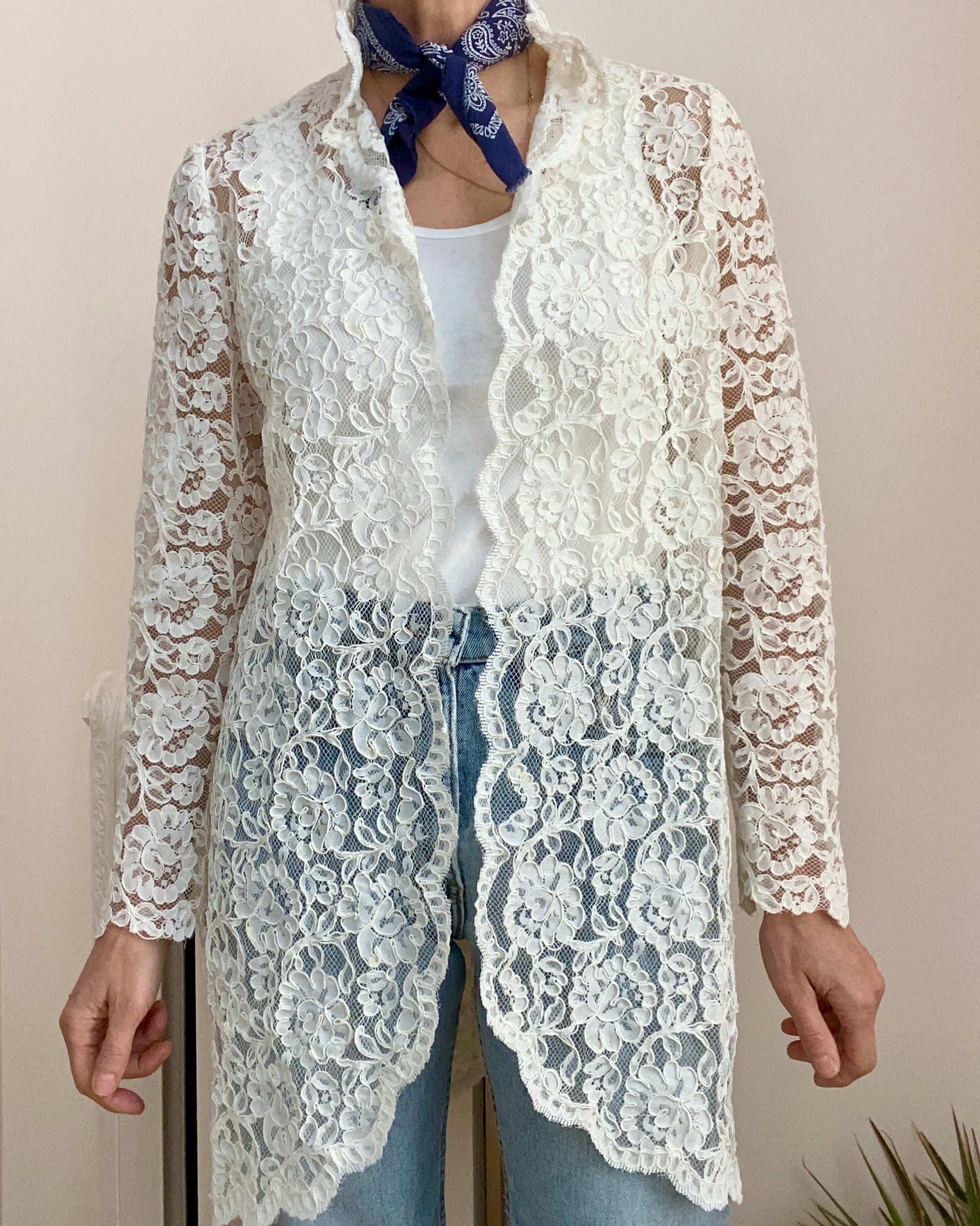 Vintage 1980s Cream Floral Soutache Lace On Mesh Net Top Cardigan Jacket M L