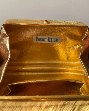 Vintage 1960s BONWIT TELLER Gold Tone Metal Box Clutch With Buckle  Made in Italy