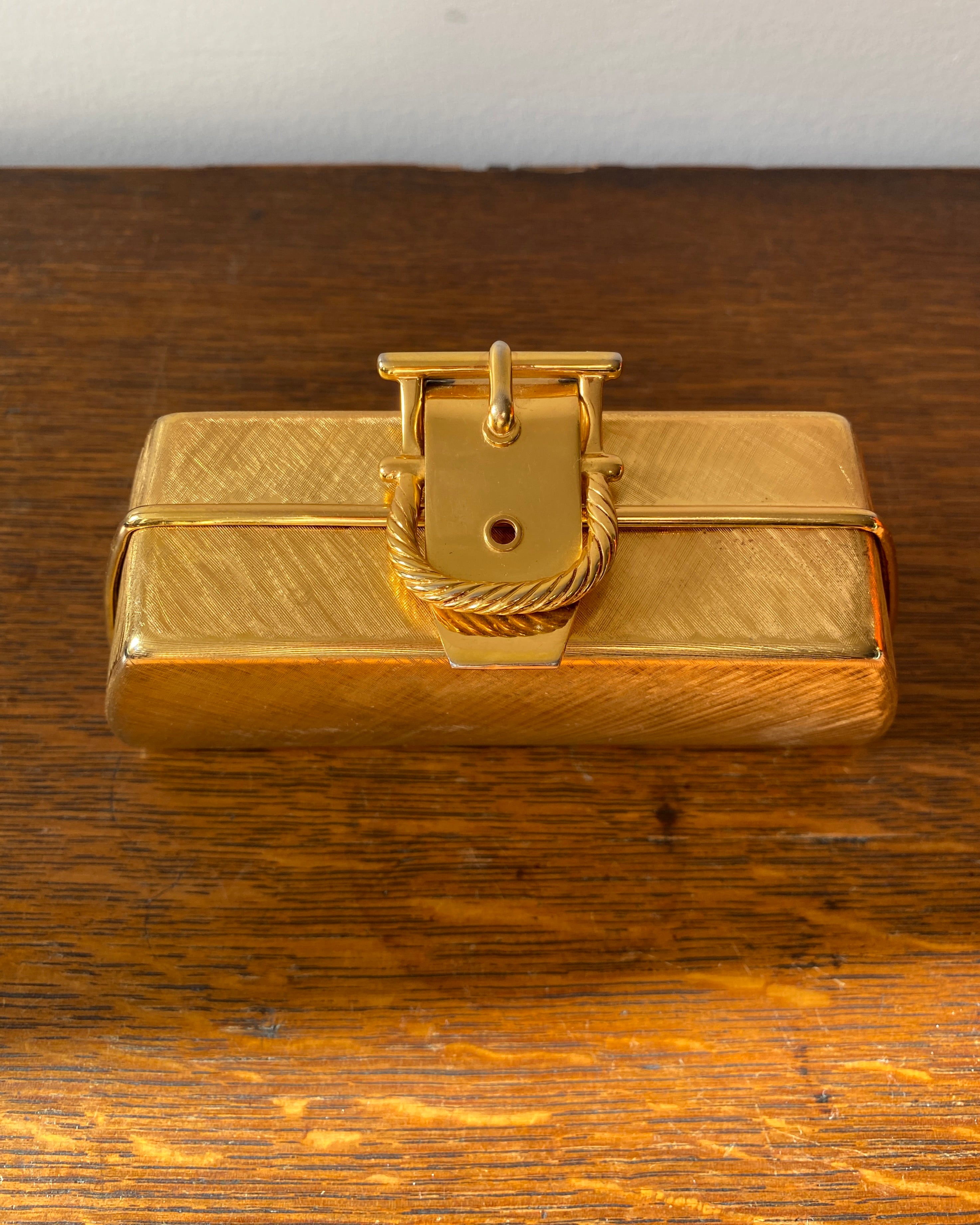 Vintage 1960s BONWIT TELLER Gold Tone Metal Box Clutch With Buckle  Made in Italy