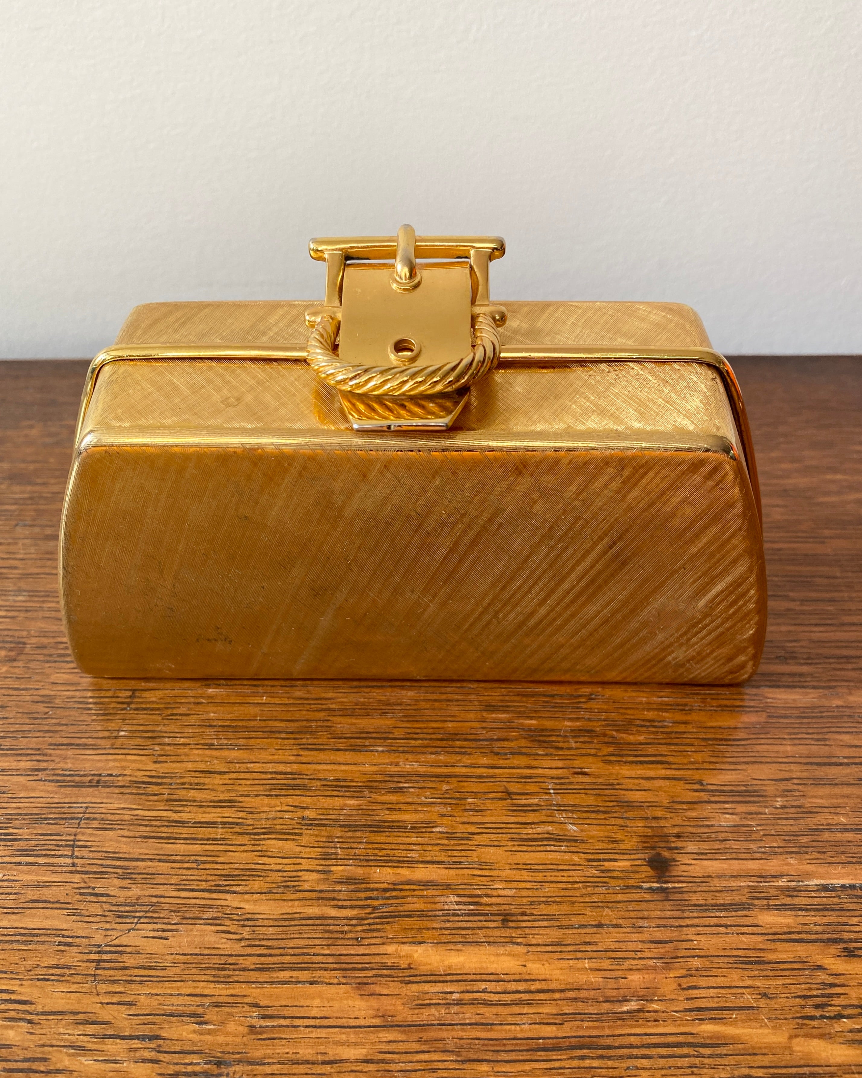 Vintage 1960s BONWIT TELLER Gold Tone Metal Box Clutch With Buckle  Made in Italy