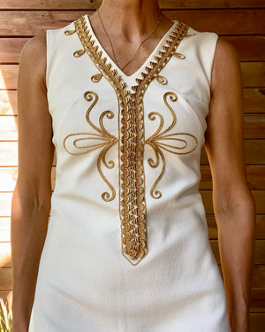 Vintage 1960s The House of NU-MODE White Crepe Mod Go-go Aline Mini Caftan Dress With Gold Cord Embroidery Size S