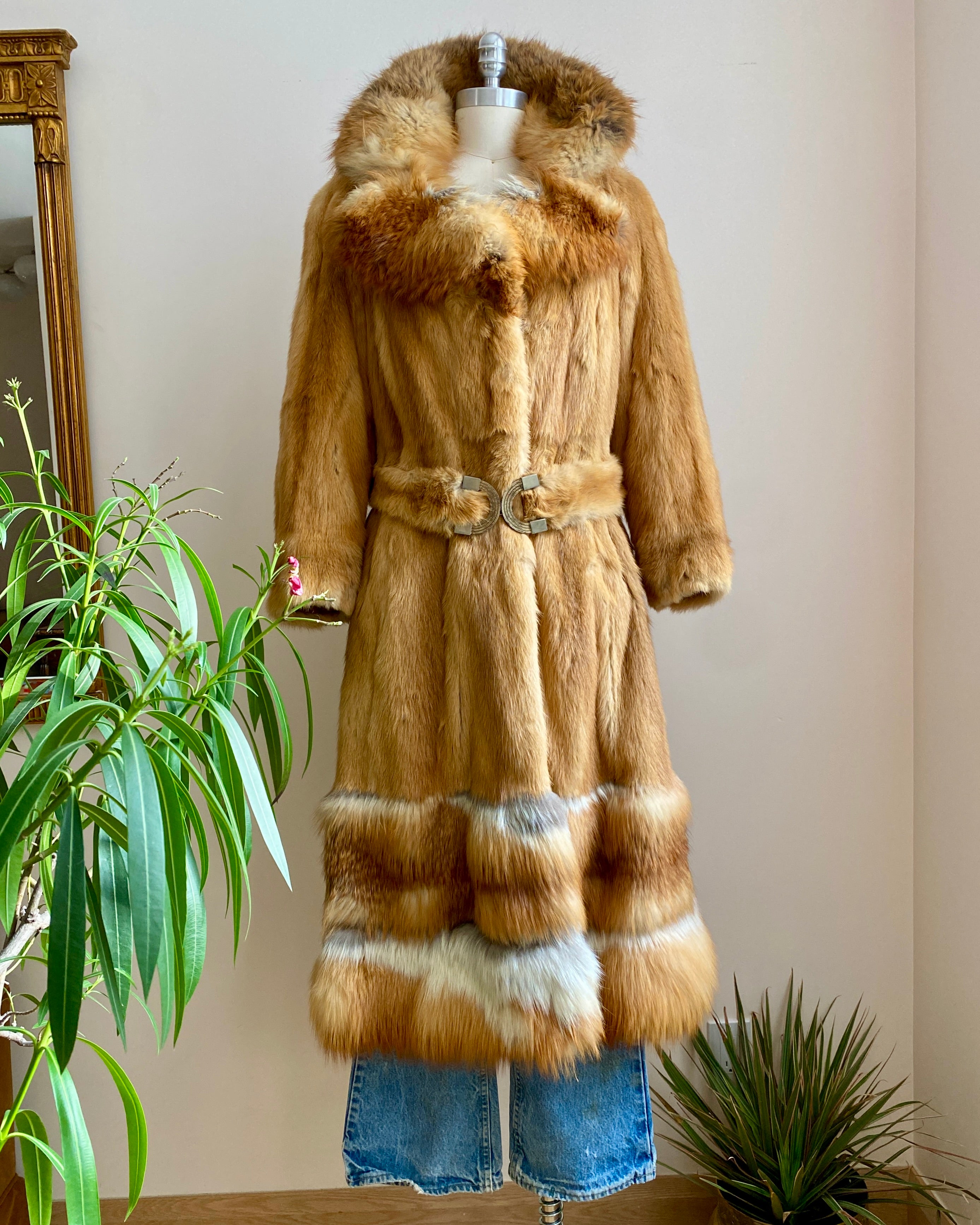 Vintage Hollywood style 1970s Red Fox Fur Penny Lane Coat with Belt and Notch Collar size SM