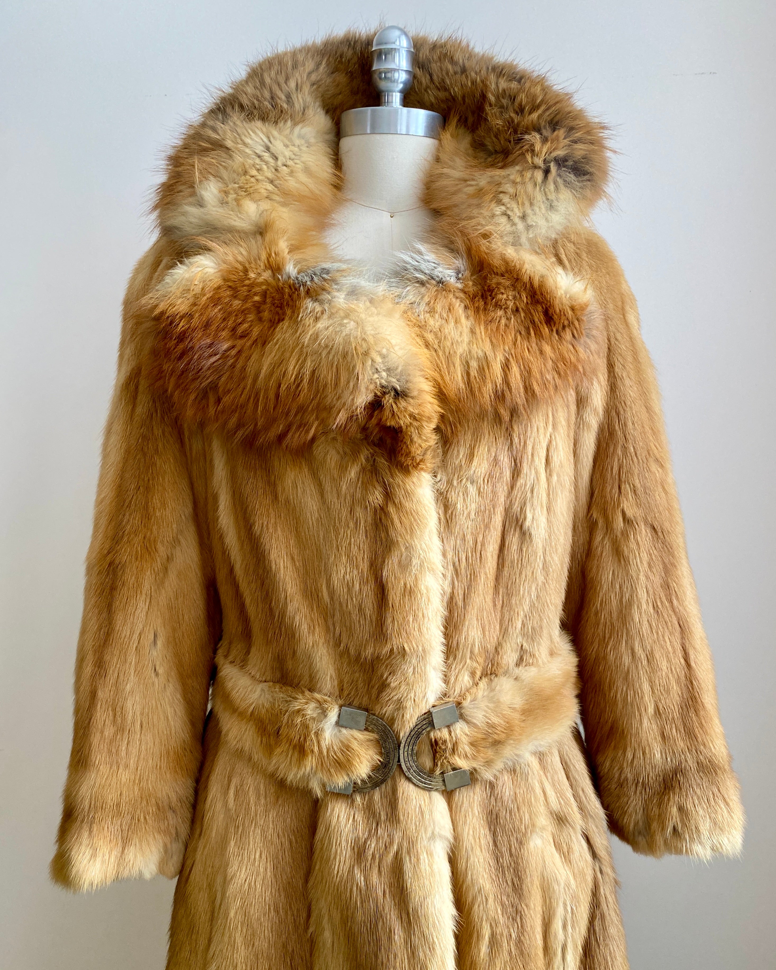 Vintage Hollywood style 1970s Red Fox Fur Penny Lane Coat with Belt and Notch Collar size SM